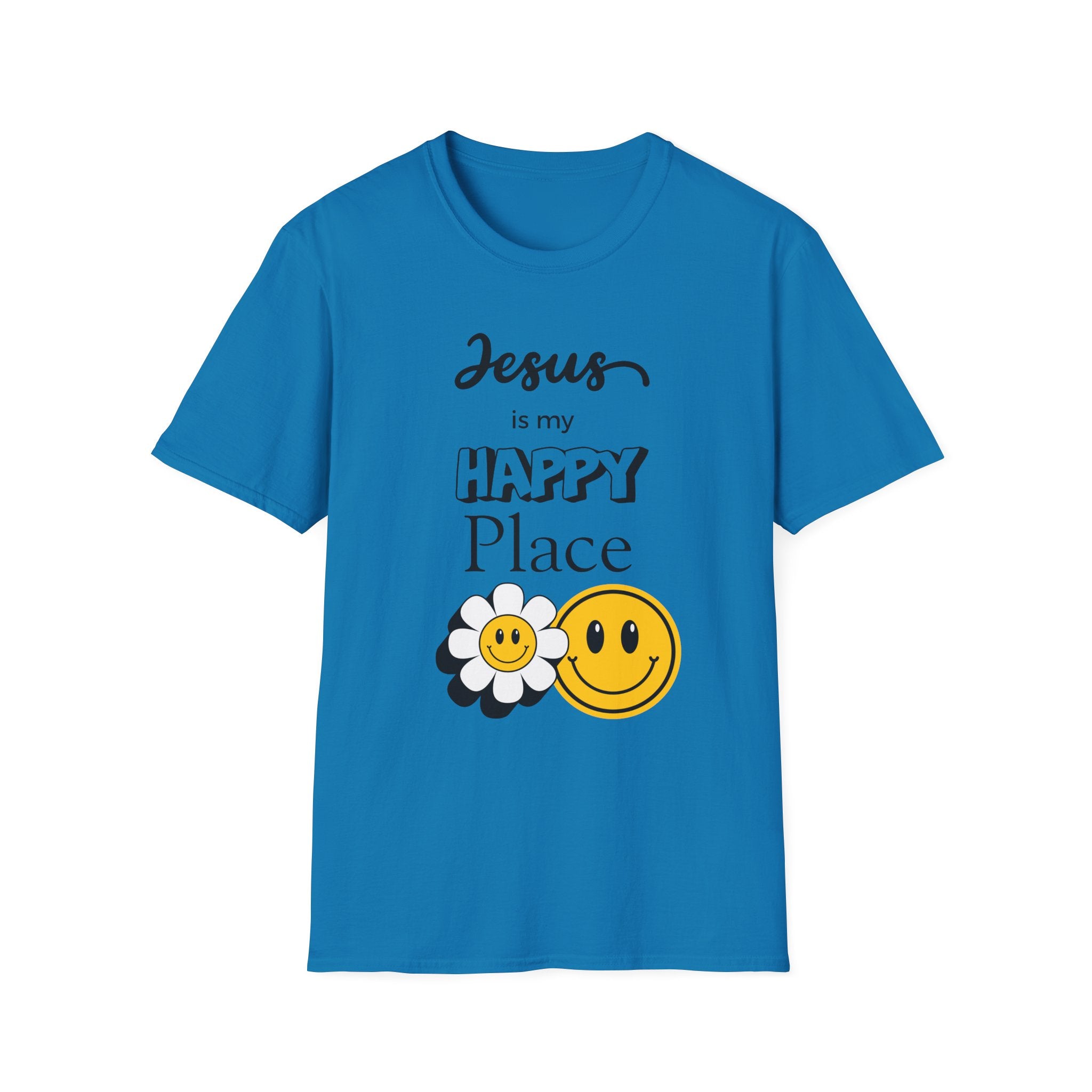 Jesus Is My Happy Place T-Shirt — Christian Faith Smiley Daisy