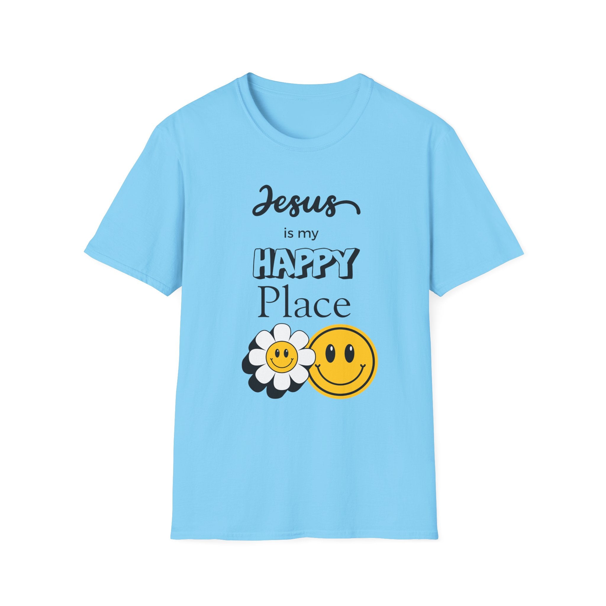 Jesus Is My Happy Place T-Shirt — Christian Faith Smiley Daisy