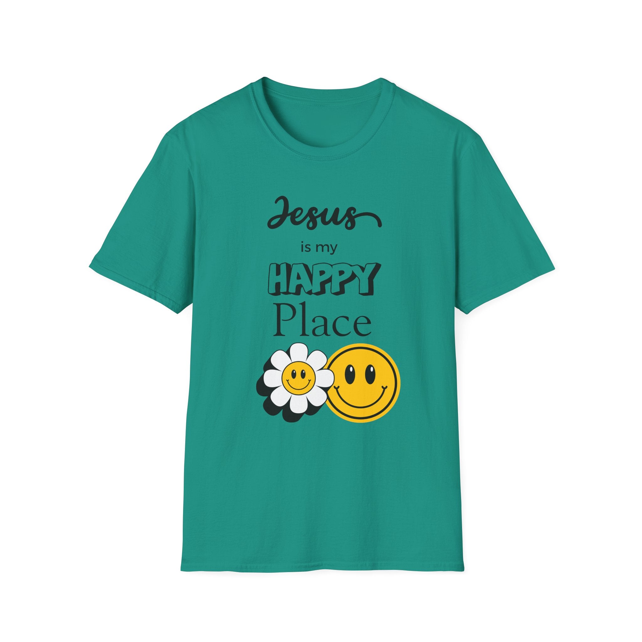 Jesus Is My Happy Place T-Shirt — Christian Faith Smiley Daisy