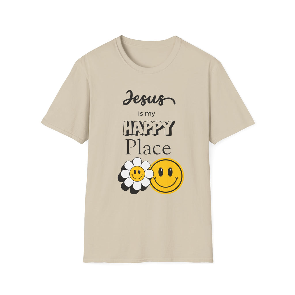 Jesus Is My Happy Place T-Shirt — Christian Faith Smiley Daisy
