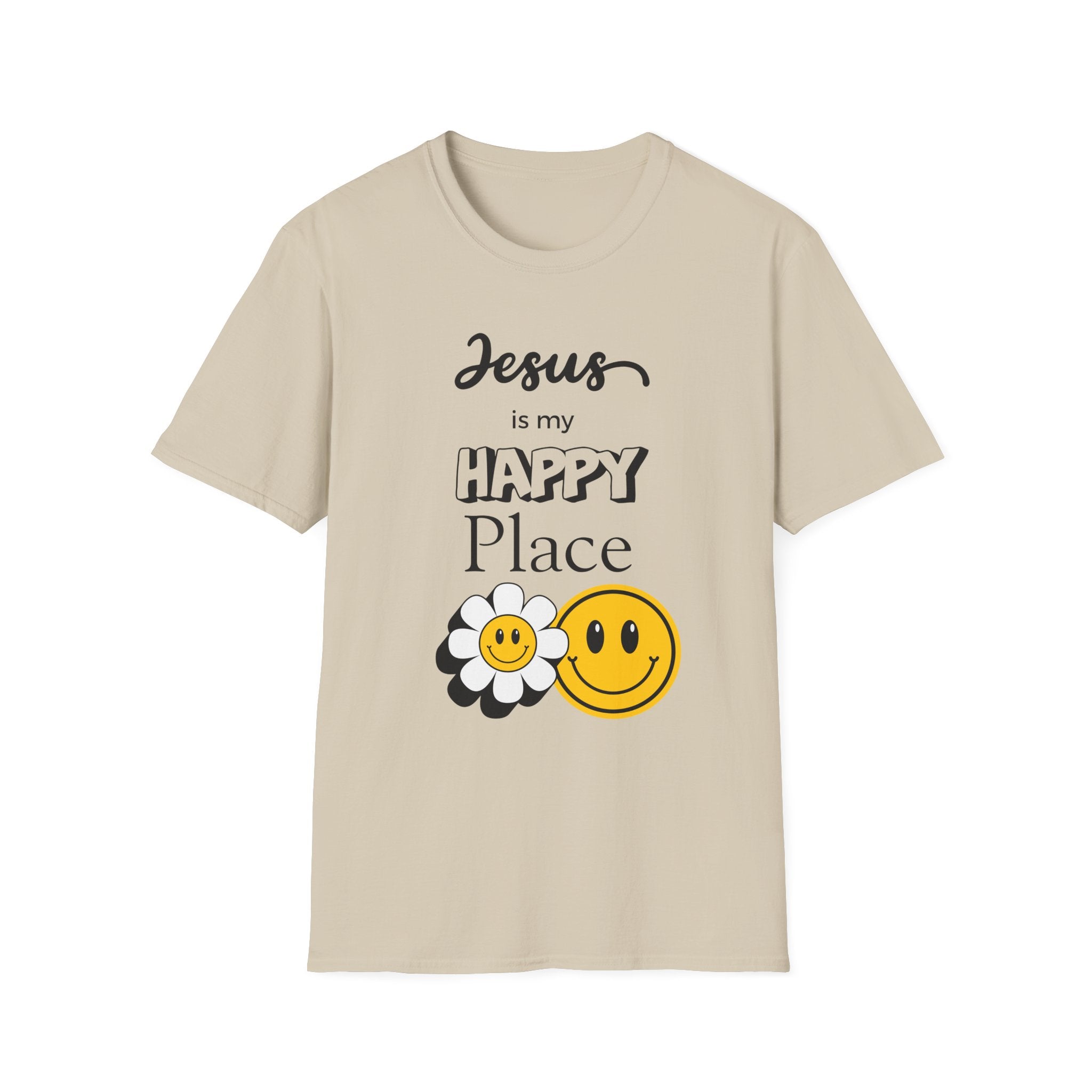 Jesus Is My Happy Place T-Shirt — Christian Faith Smiley Daisy