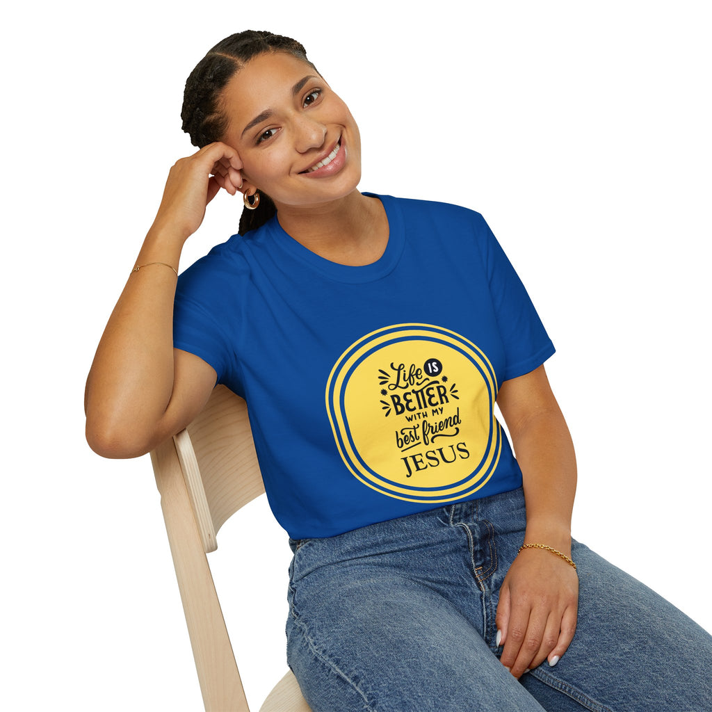 Christian T‑Shirt – “Life Is Better With My Best Friend Jesus” Yellow Circle Tee