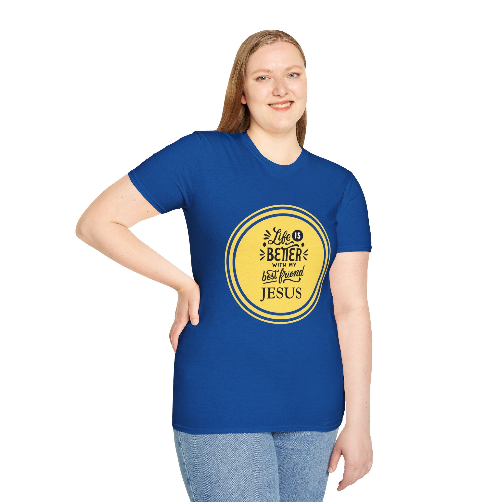Christian T‑Shirt – “Life Is Better With My Best Friend Jesus” Yellow Circle Tee