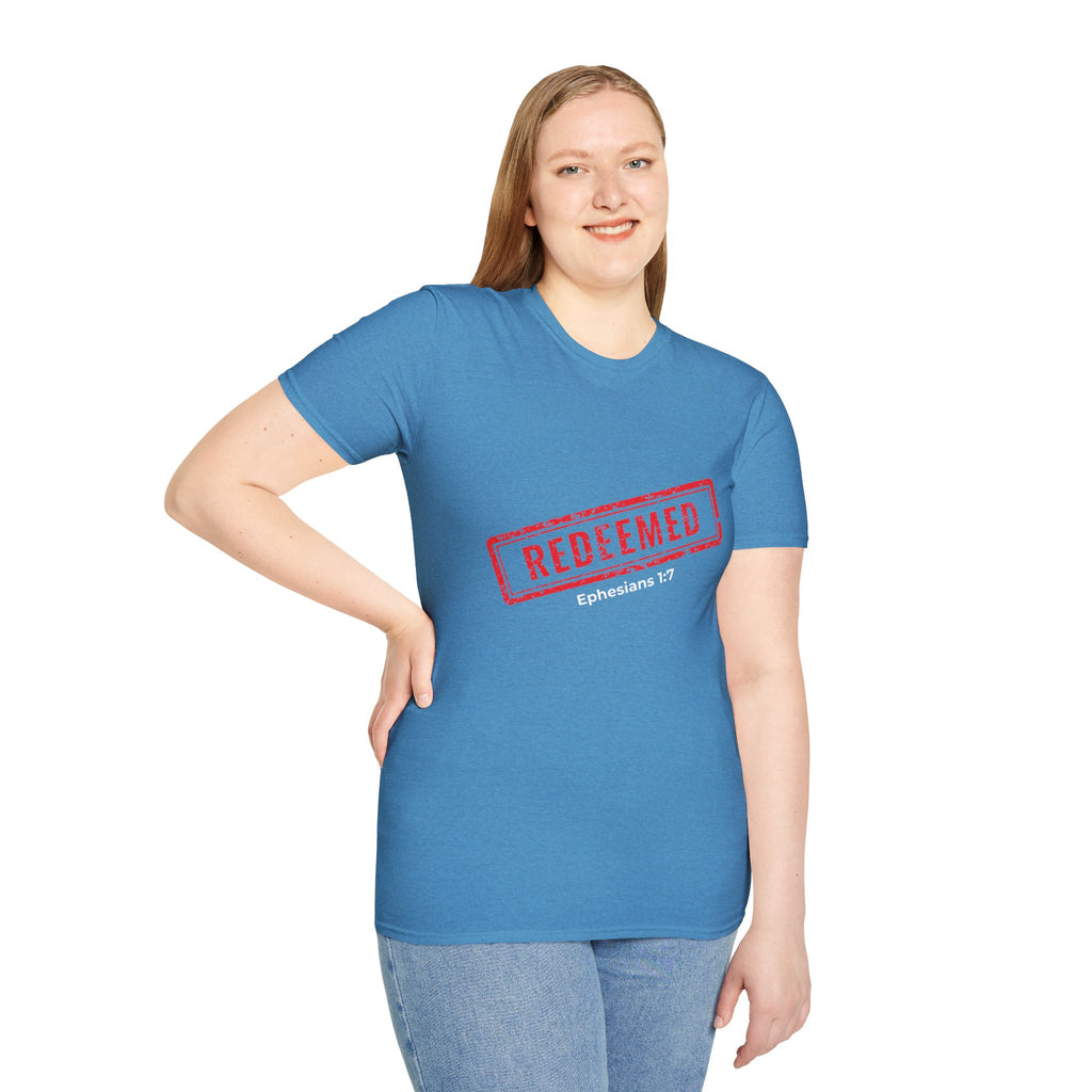 Redeemed stamp Ephesians 1:7 T-Shirt | Christian faith scripture tee