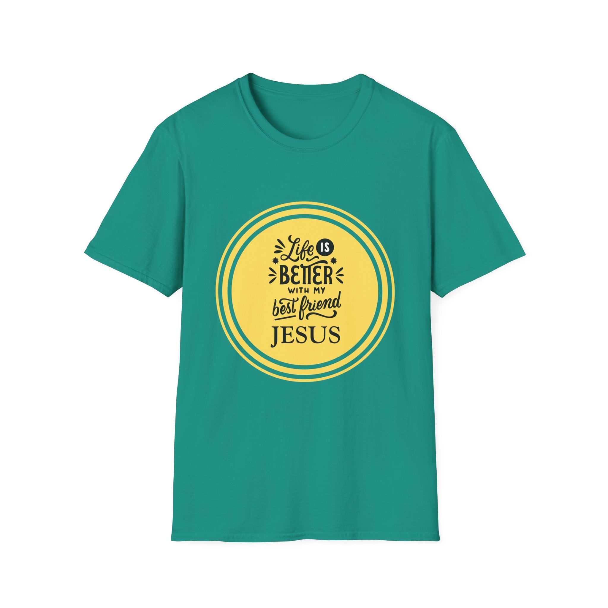 Christian T‑Shirt – “Life Is Better With My Best Friend Jesus” Yellow Circle Tee