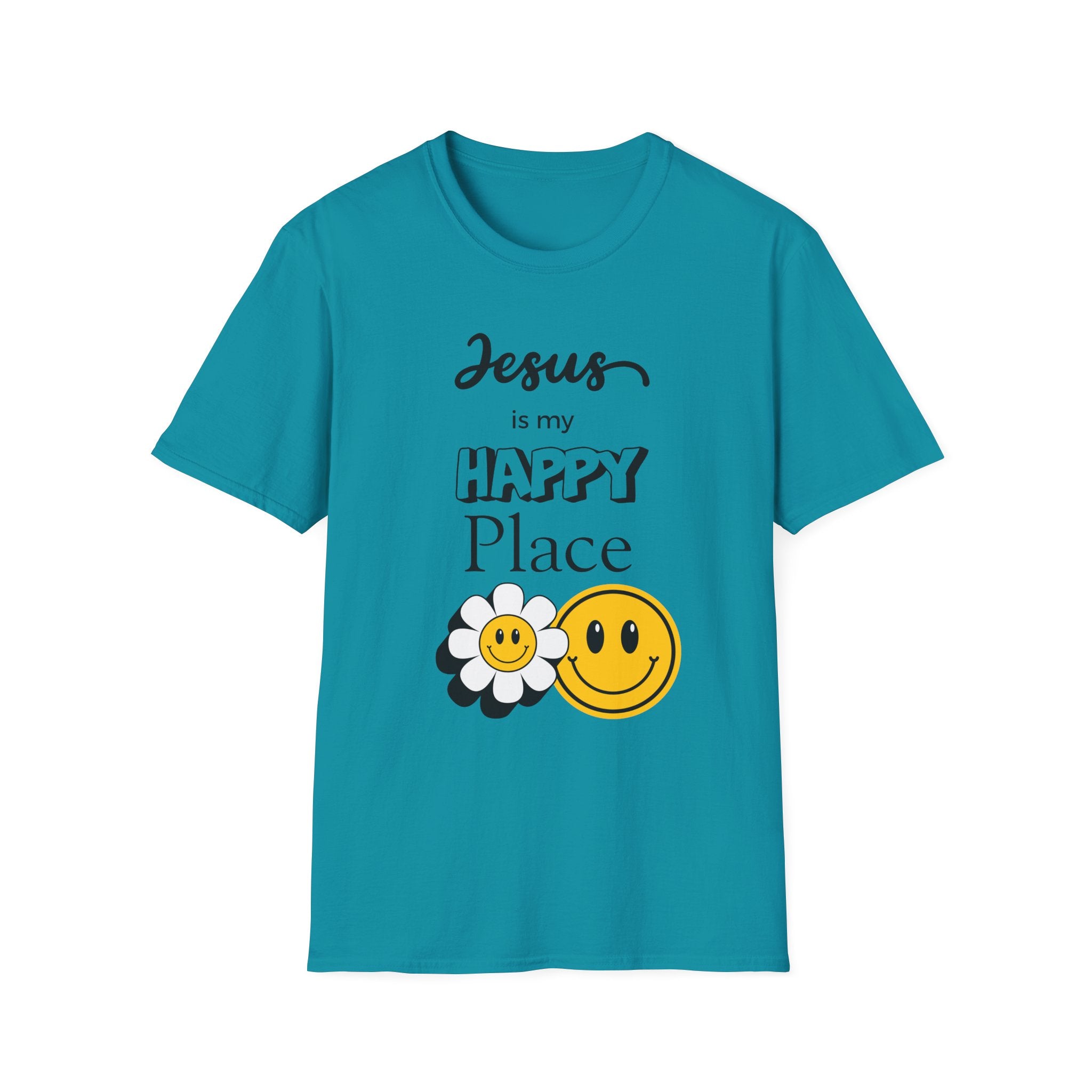 Jesus Is My Happy Place T-Shirt — Christian Faith Smiley Daisy