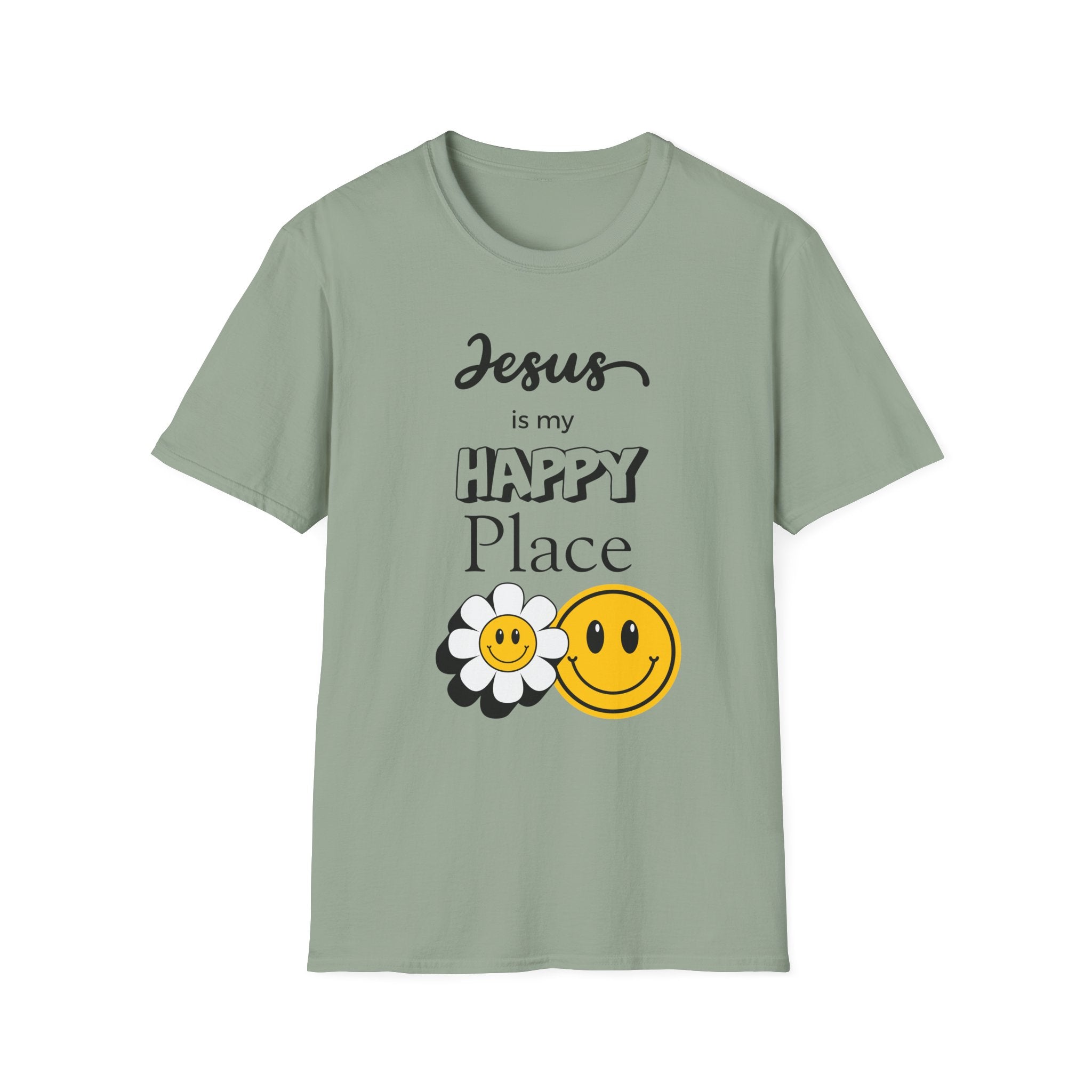 Jesus Is My Happy Place T-Shirt — Christian Faith Smiley Daisy