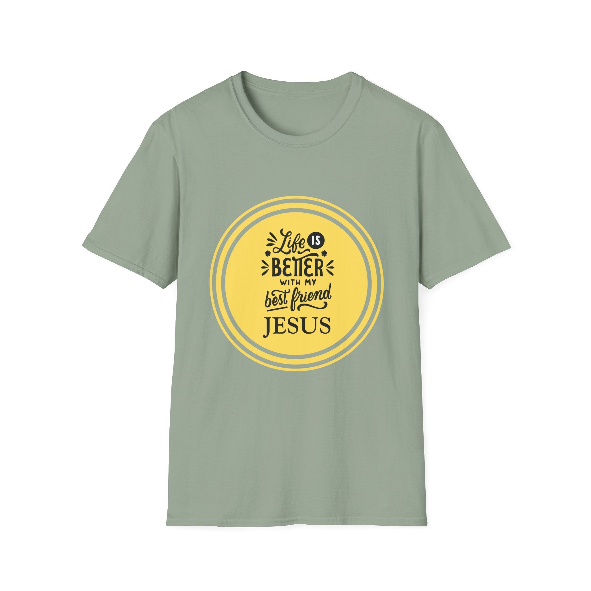 Christian T‑Shirt – “Life Is Better With My Best Friend Jesus” Yellow Circle Tee