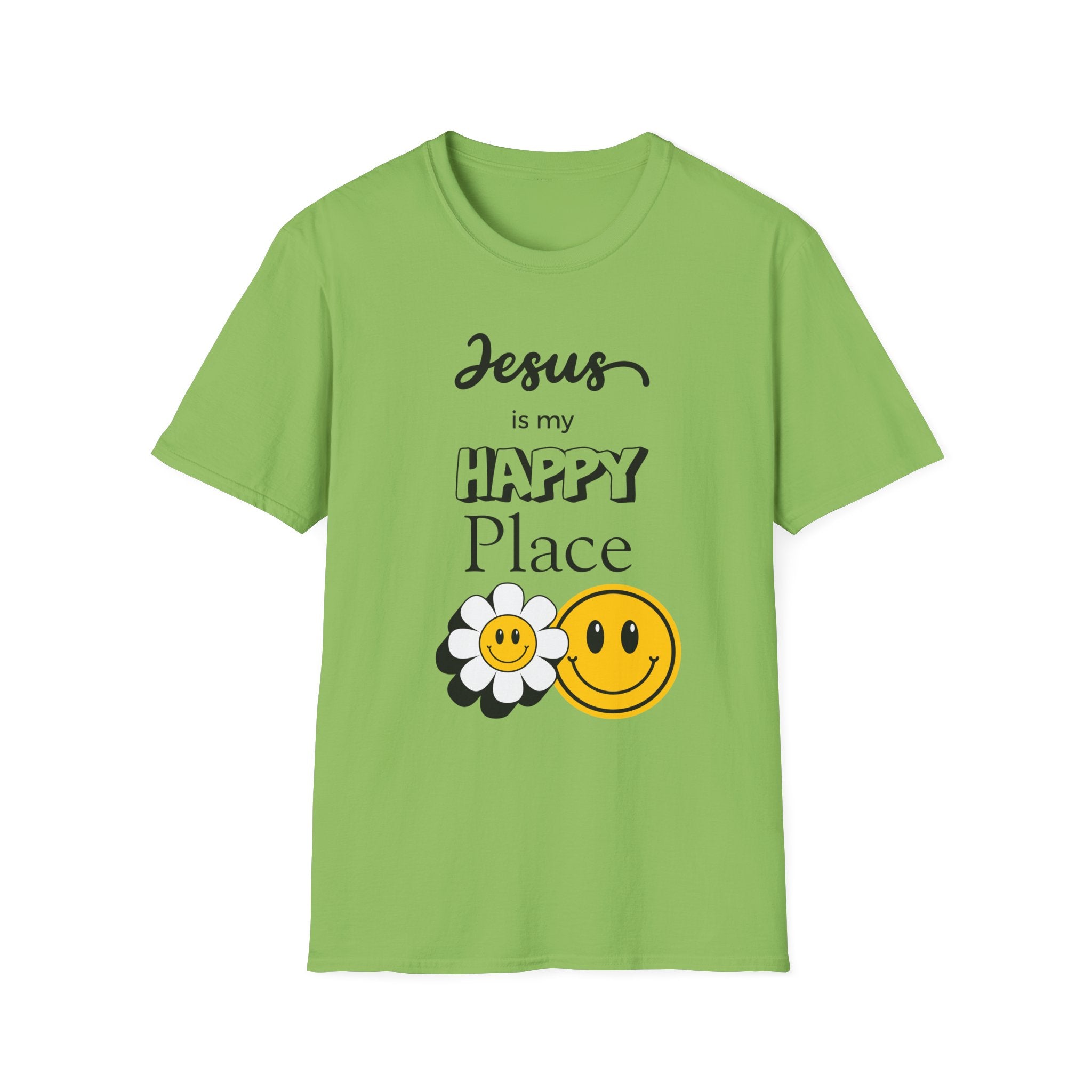 Jesus Is My Happy Place T-Shirt — Christian Faith Smiley Daisy