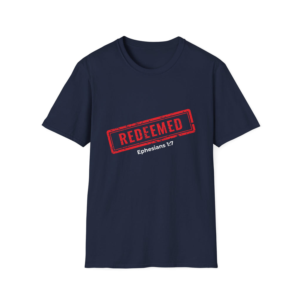 Redeemed stamp Ephesians 1:7 T-Shirt | Christian faith scripture tee