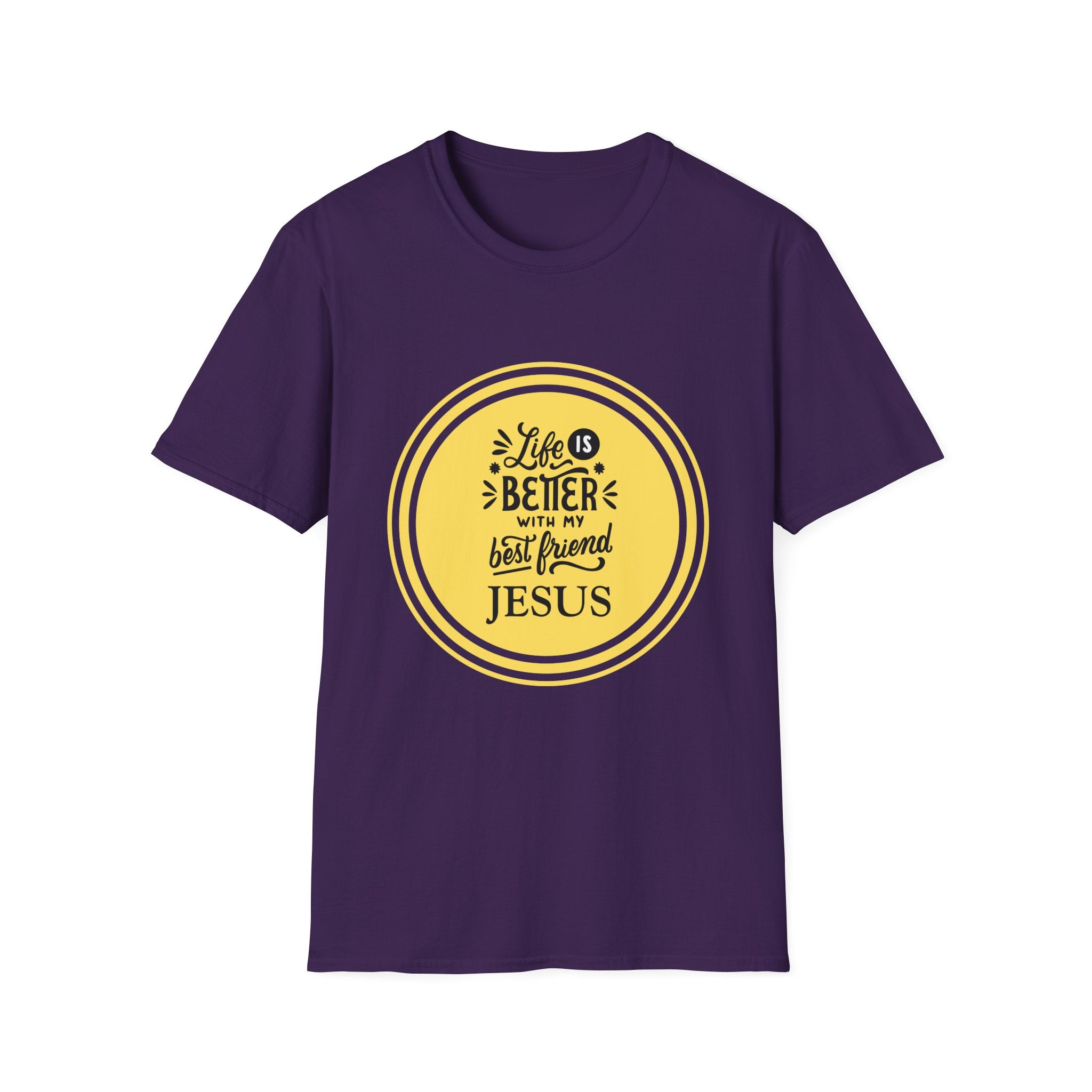 Christian T‑Shirt – “Life Is Better With My Best Friend Jesus” Yellow Circle Tee