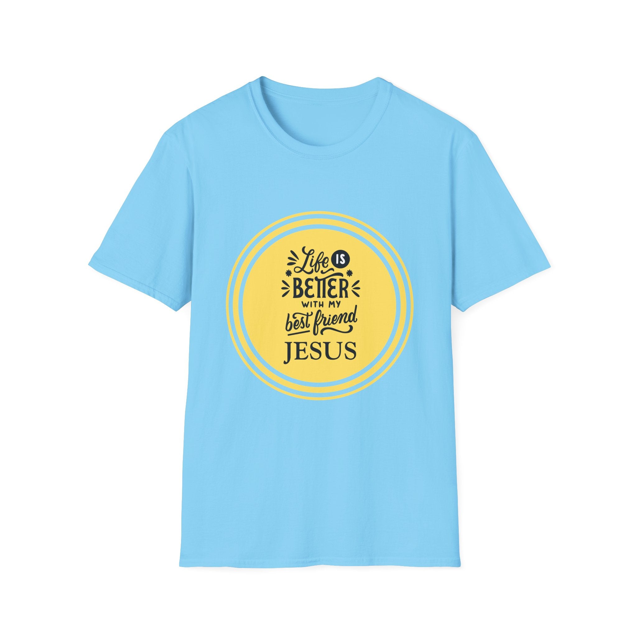 Christian T‑Shirt – “Life Is Better With My Best Friend Jesus” Yellow Circle Tee