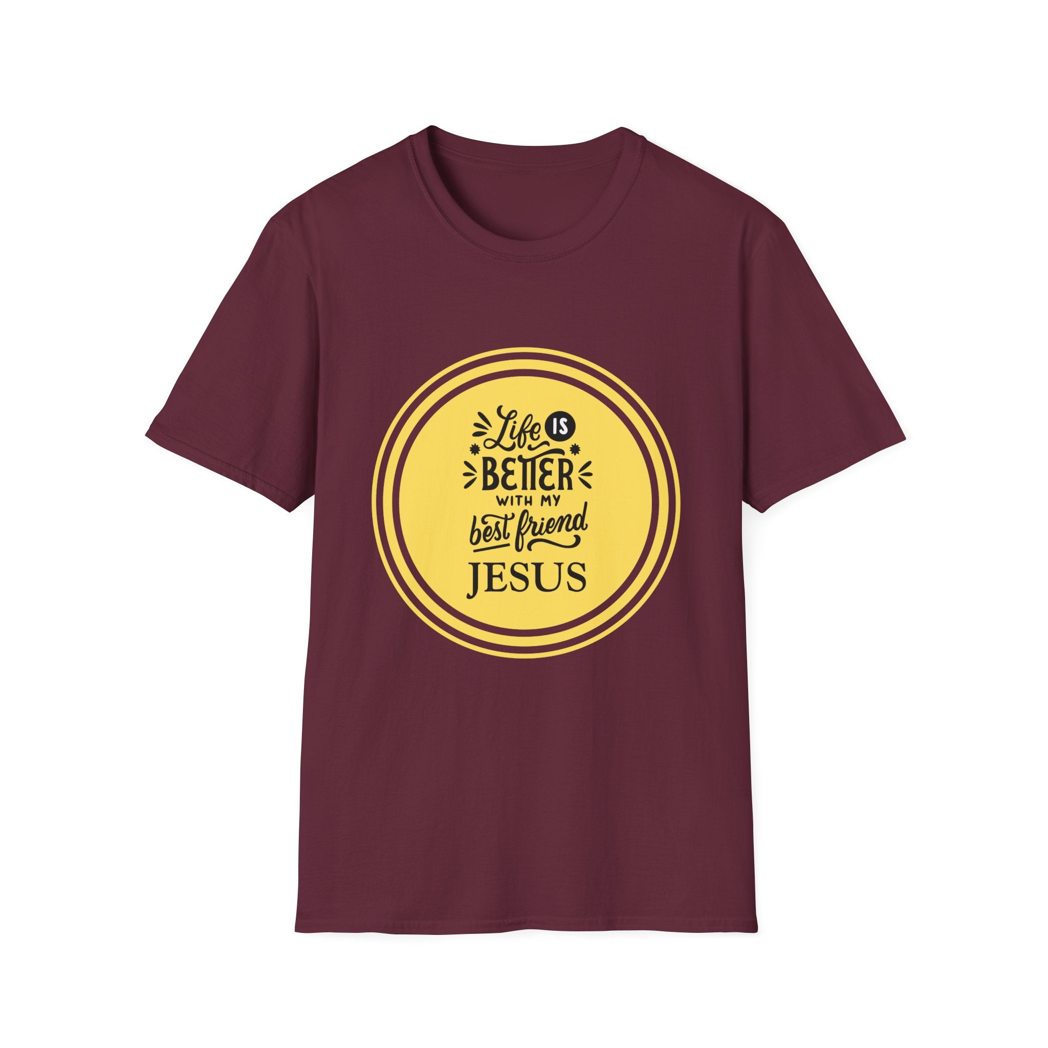 Christian T‑Shirt – “Life Is Better With My Best Friend Jesus” Yellow Circle Tee
