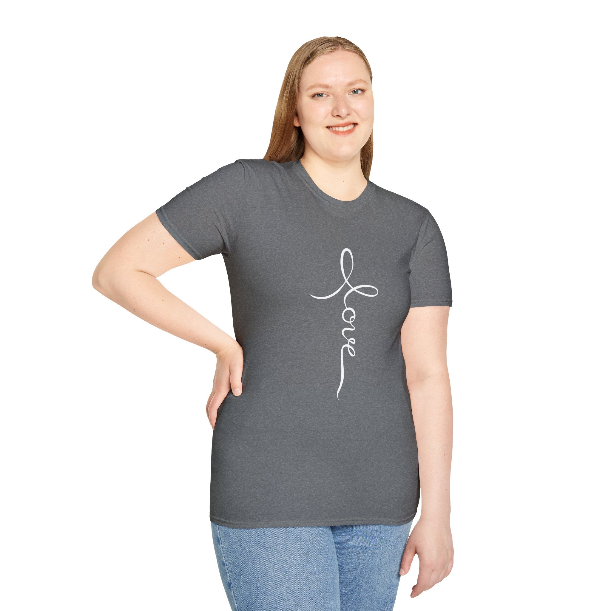 Vertical 'Love' Cross Christian T-Shirt — Faith Tee for Believers