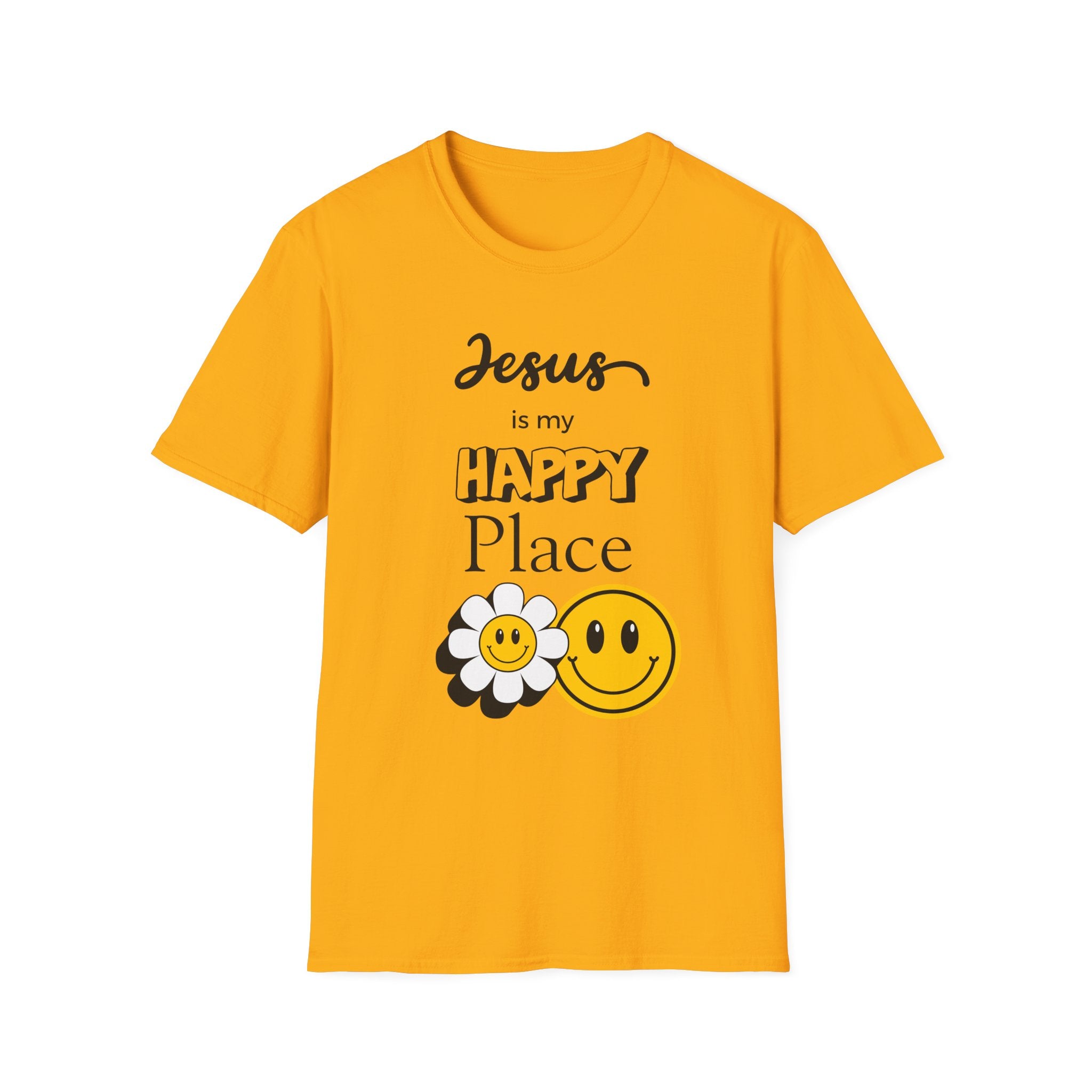 Jesus Is My Happy Place T-Shirt — Christian Faith Smiley Daisy