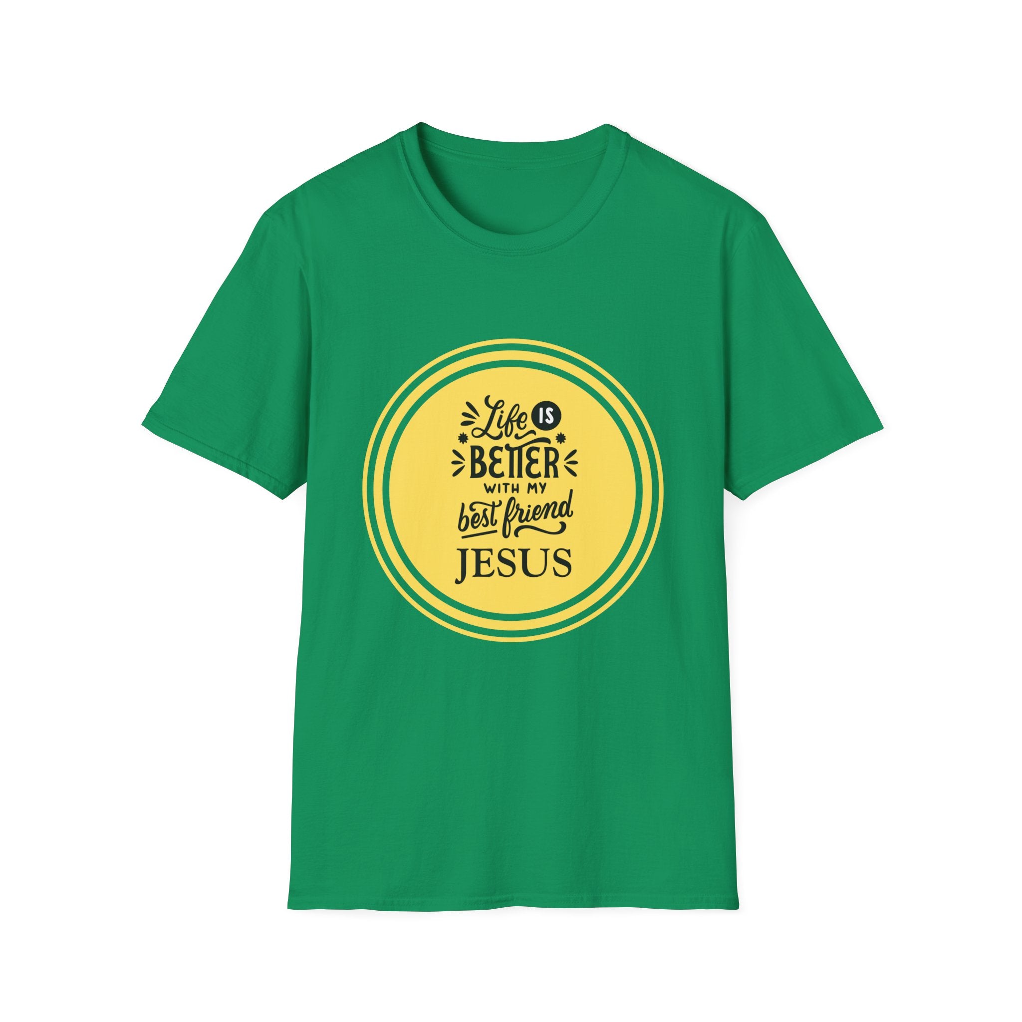 Christian T‑Shirt – “Life Is Better With My Best Friend Jesus” Yellow Circle Tee