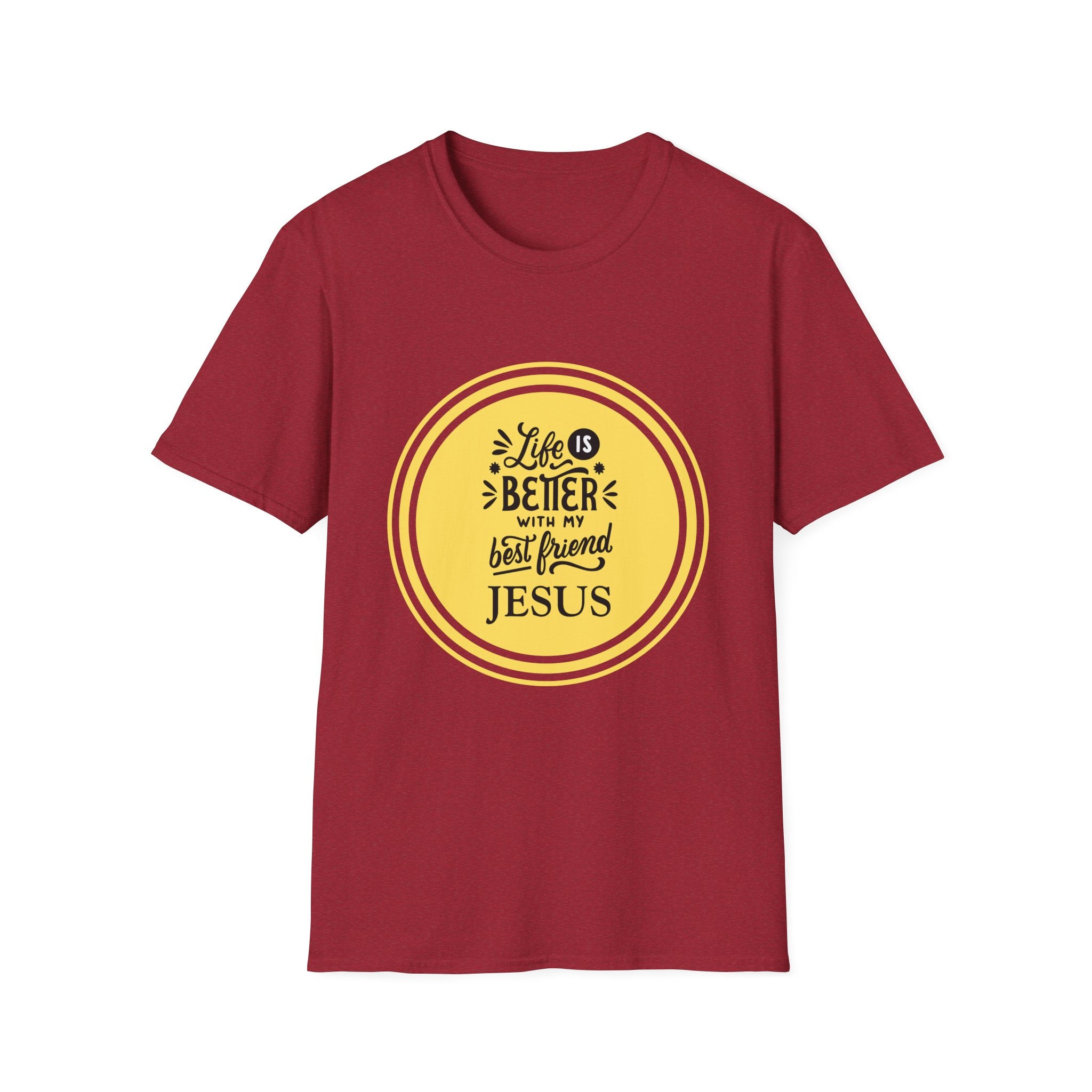 Christian T‑Shirt – “Life Is Better With My Best Friend Jesus” Yellow Circle Tee