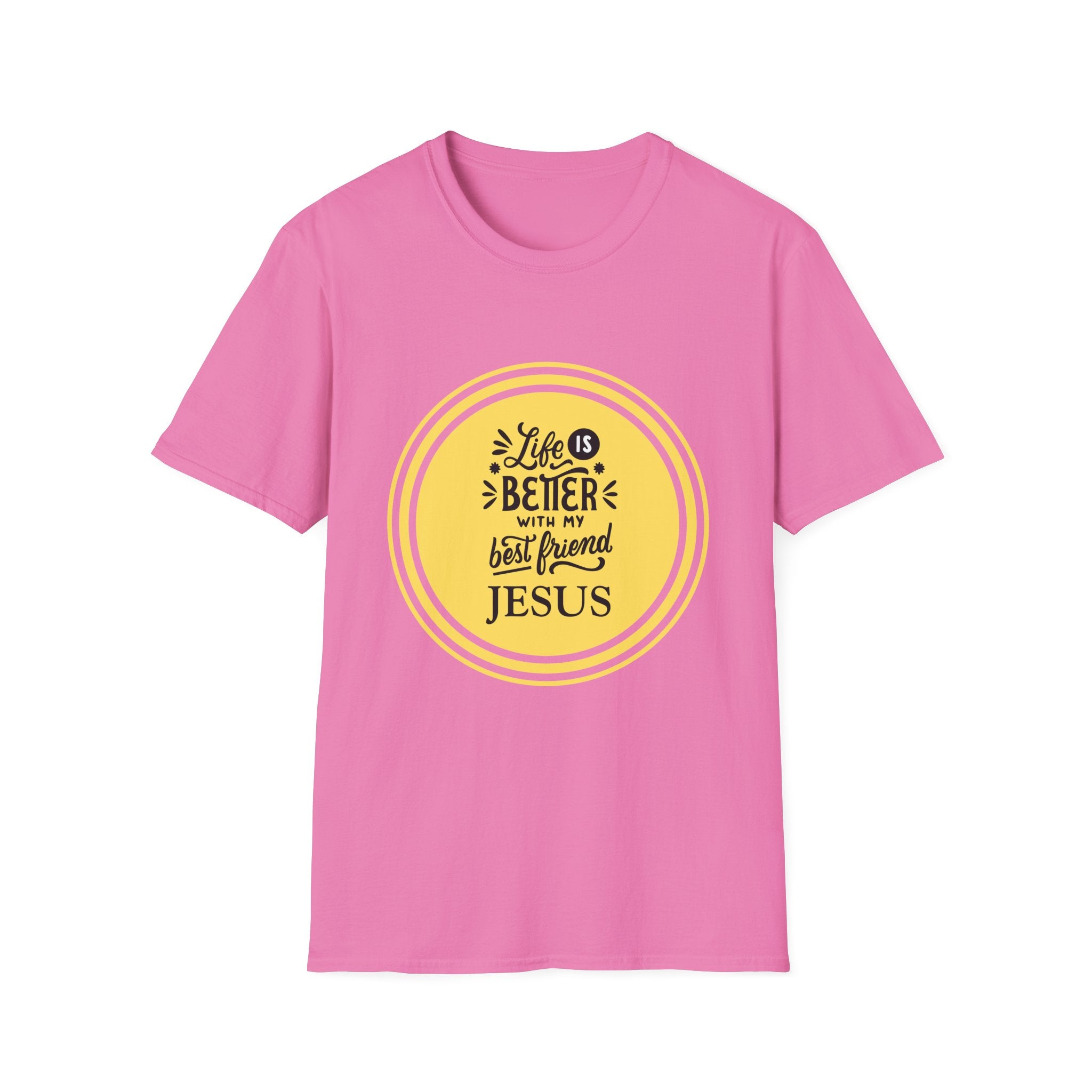 Christian T‑Shirt – “Life Is Better With My Best Friend Jesus” Yellow Circle Tee