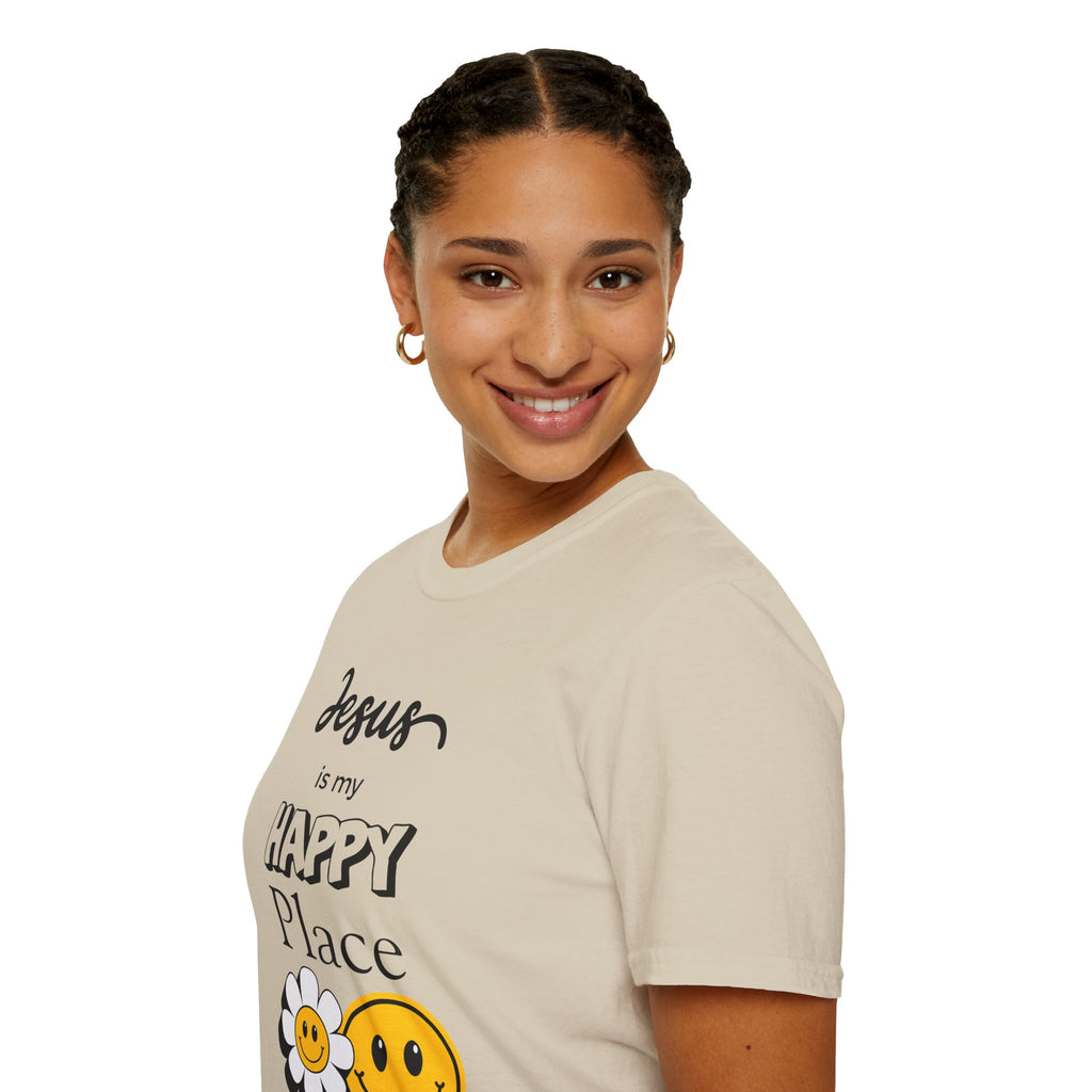 Jesus Is My Happy Place T-Shirt — Christian Faith Smiley Daisy