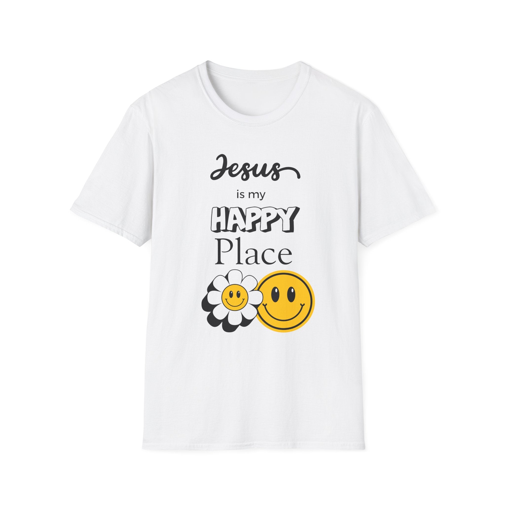 Jesus Is My Happy Place T-Shirt — Christian Faith Smiley Daisy