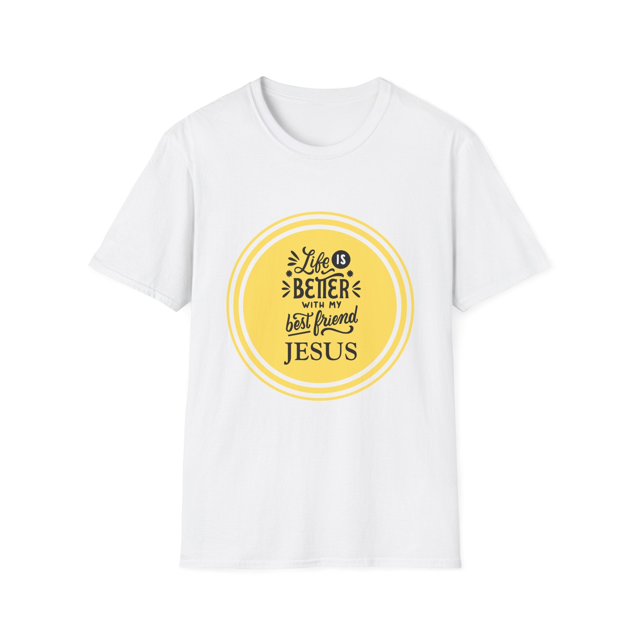 Christian T‑Shirt – “Life Is Better With My Best Friend Jesus” Yellow Circle Tee