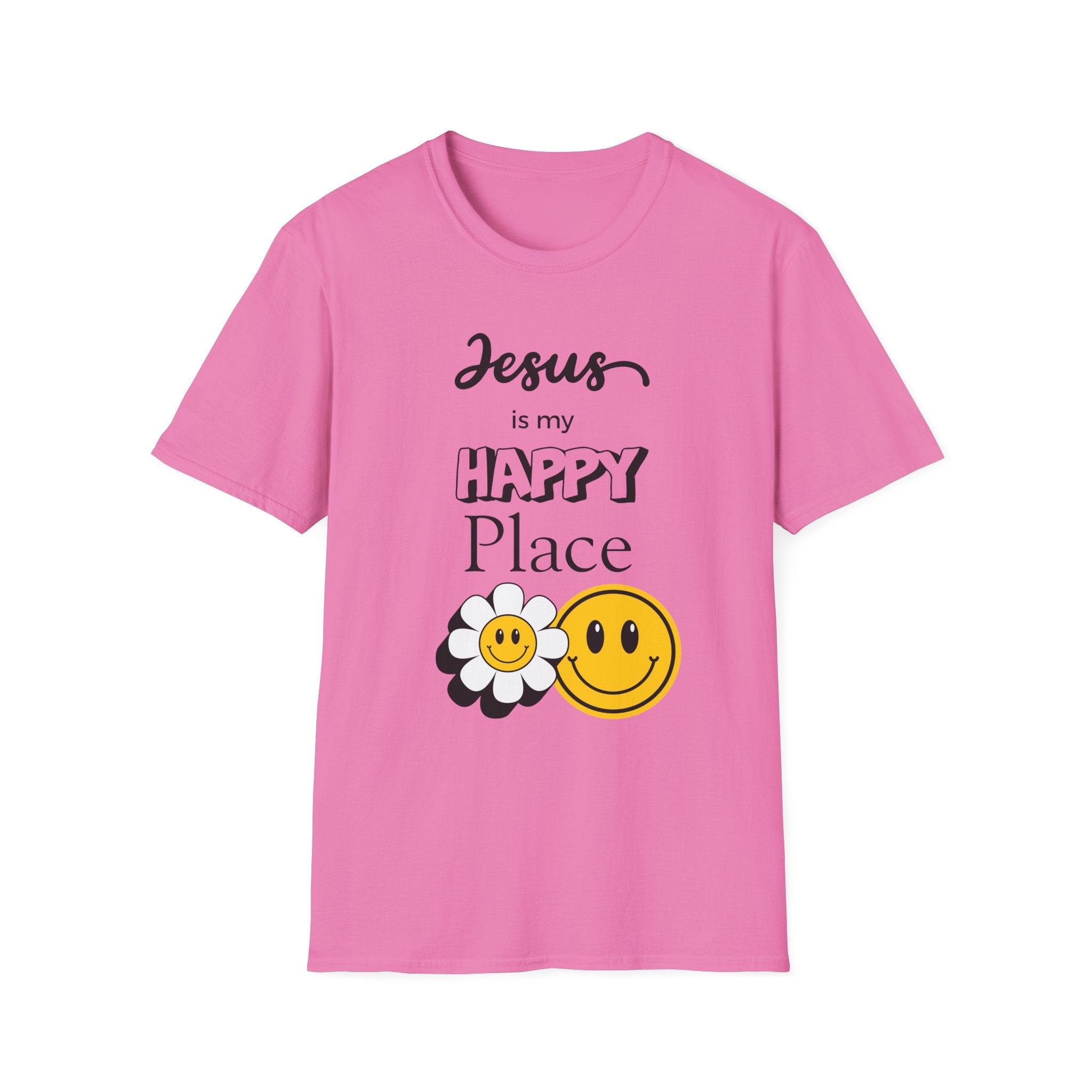 Jesus Is My Happy Place T-Shirt — Christian Faith Smiley Daisy