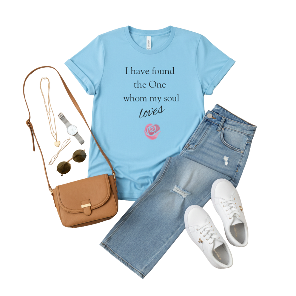 'I Have Found The One Whom My Soul Loves' T-Shirt — Script Text with Pink Rose (Song of Solomon)