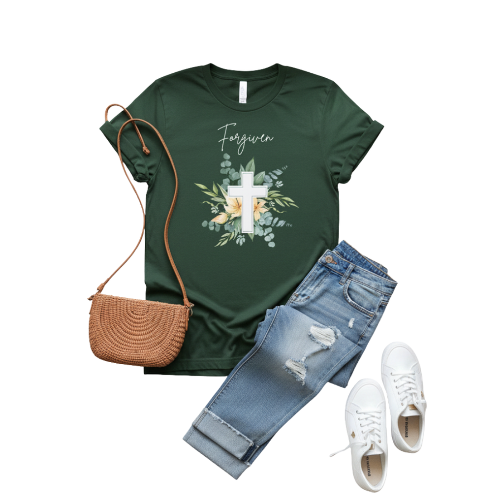 Forgiven Floral Cross T-Shirt | Watercolor Flower Christian Faith Tee