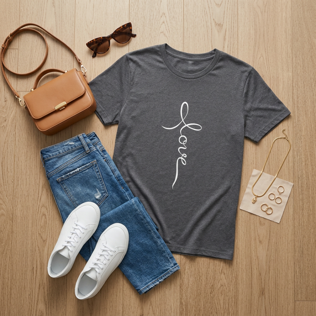 Vertical 'Love' Cross Christian T-Shirt — Faith Tee for Believers
