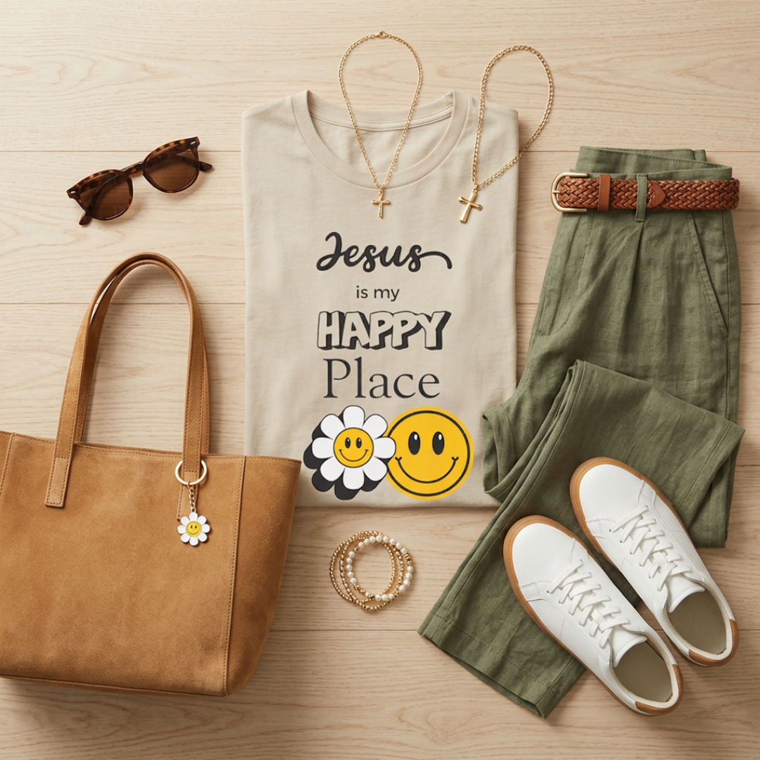 Jesus Is My Happy Place T-Shirt — Christian Faith Smiley Daisy