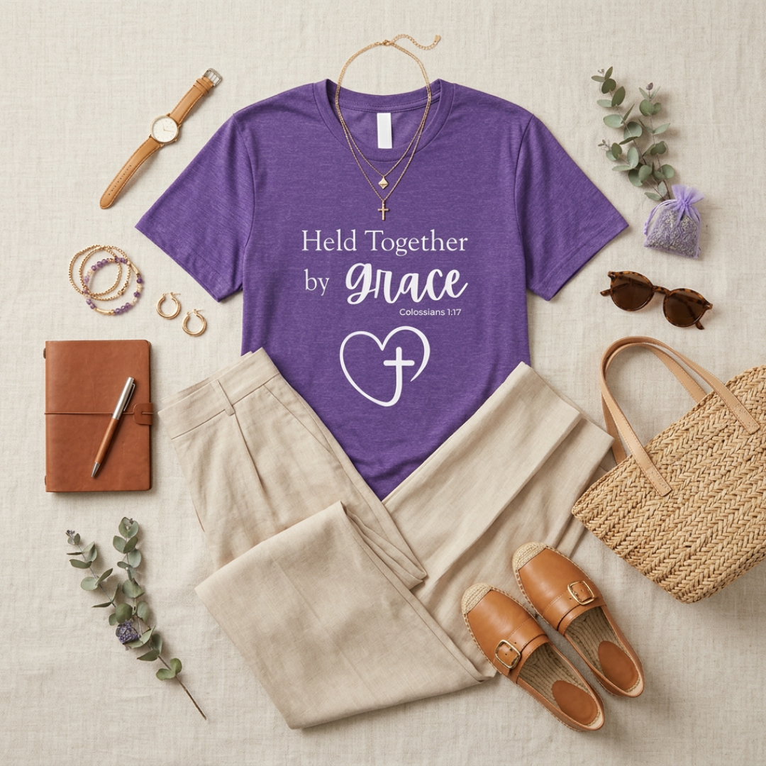 Held Together by Grace T-Shirt — Christian Heart Cross, Colossians 1:17