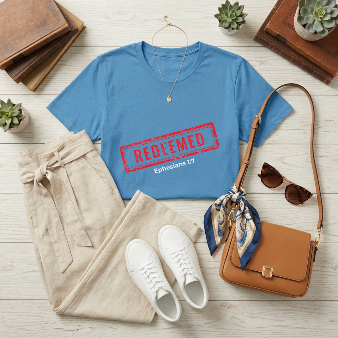 Redeemed stamp Ephesians 1:7 T-Shirt | Christian faith scripture tee