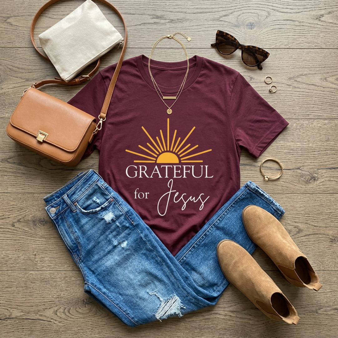 Grateful for Jesus Sunrise T-Shirt | Yellow Half Sun Graphic, Jesus Tee