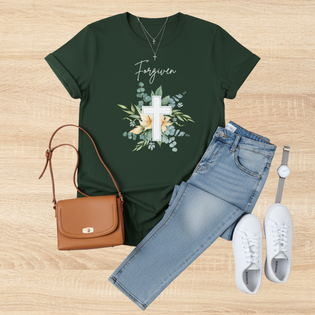 Forgiven Floral Cross T-Shirt | Watercolor Flower Christian Faith Tee