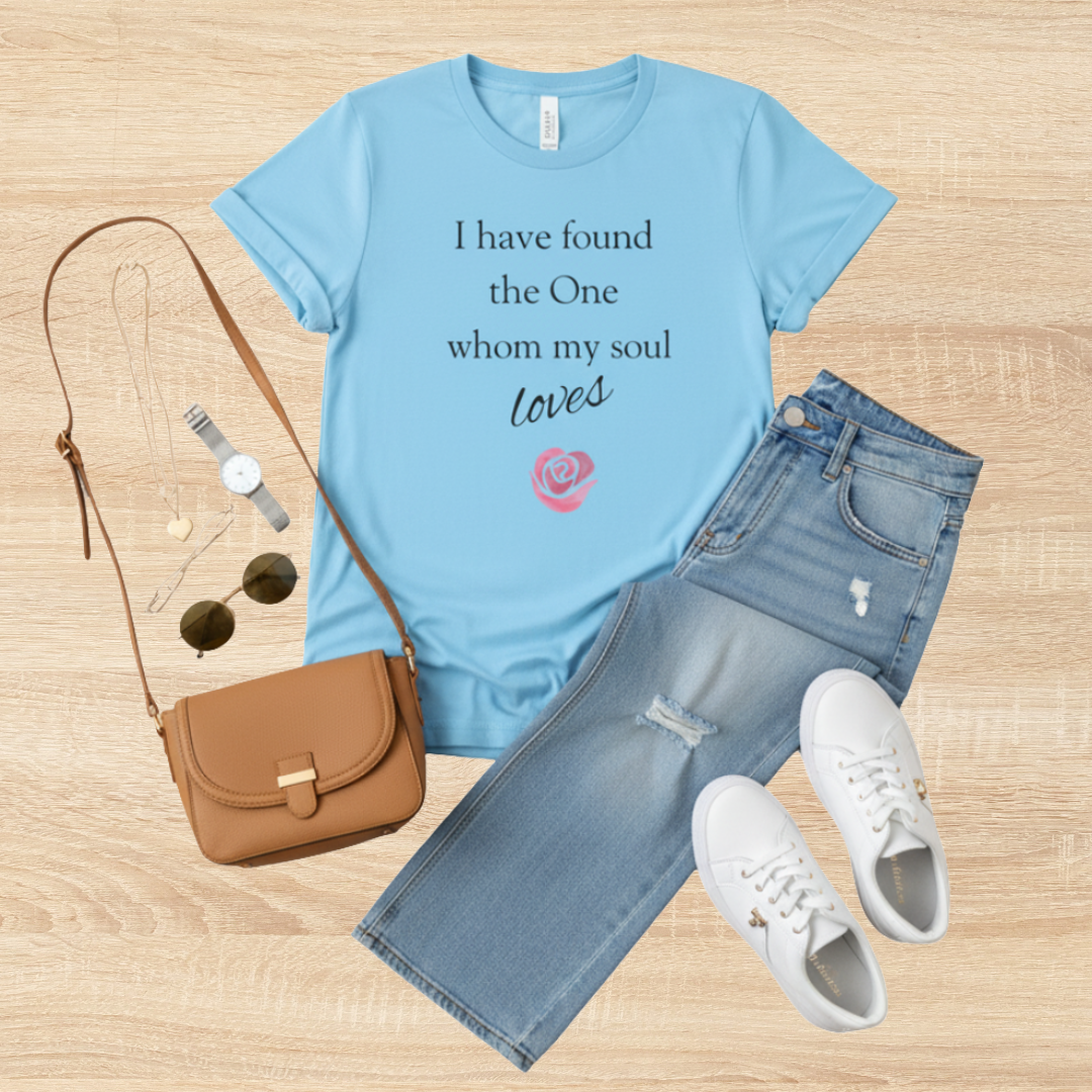 'I Have Found The One Whom My Soul Loves' T-Shirt — Script Text with Pink Rose (Song of Solomon)