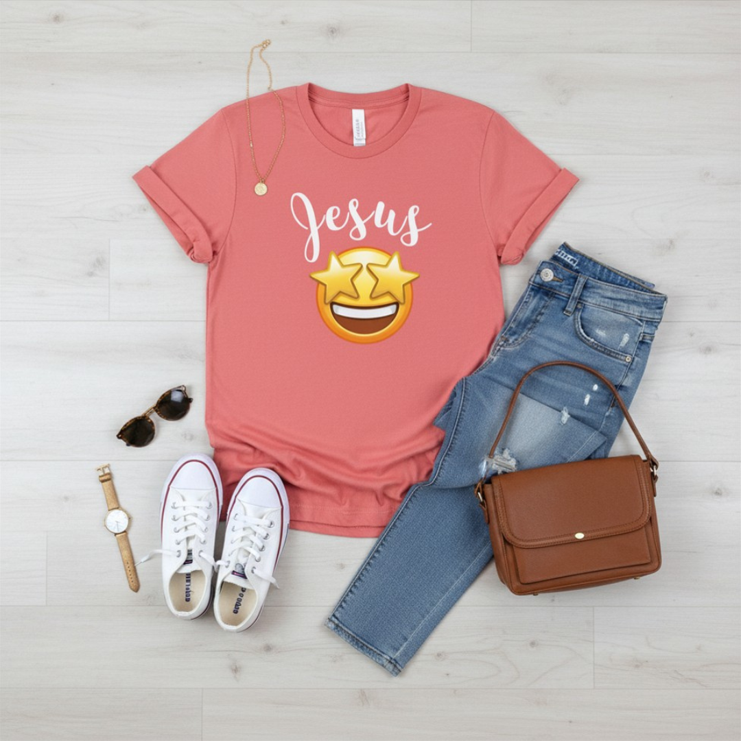 Jesus Emoji Star-Eyes T-Shirt — Casual Christian Faith Tee