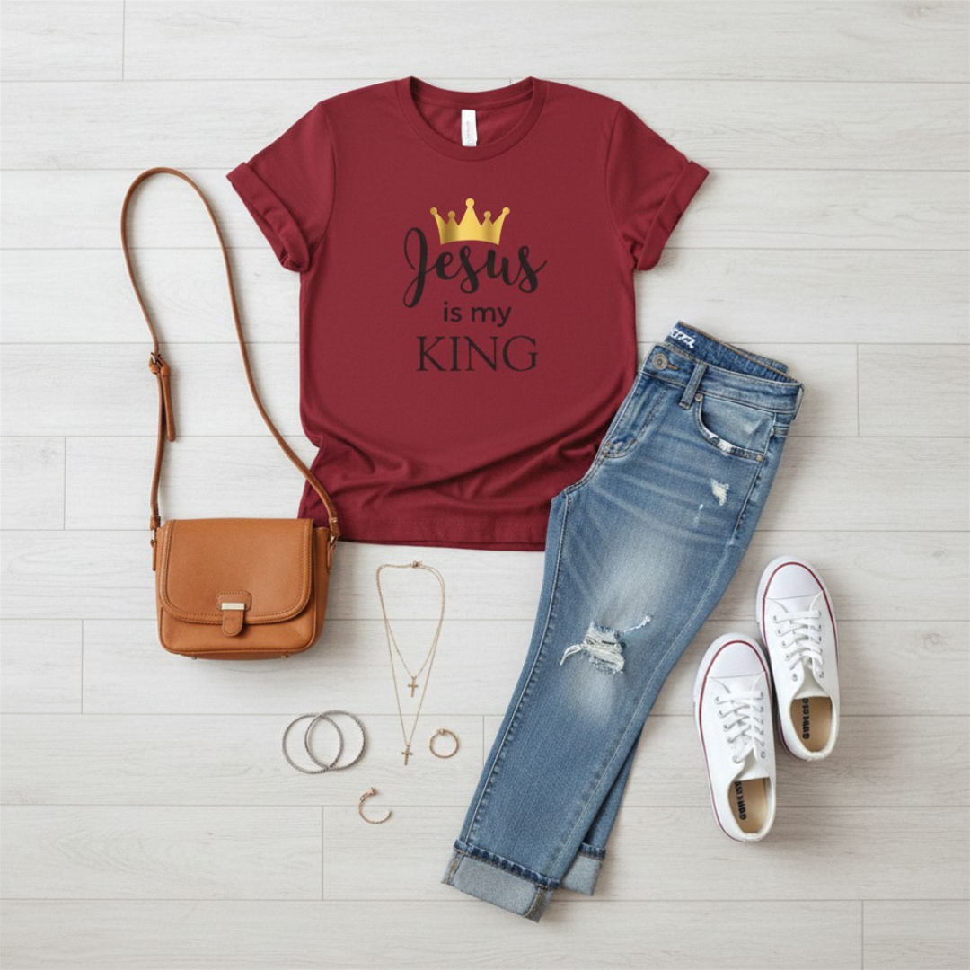 Jesus Is My King T-Shirt — Christian Faith Tee with Gold Crown