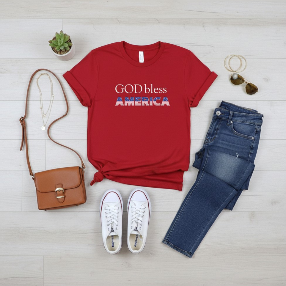God Bless America T-Shirt — Patriotic American Flag Text Tee