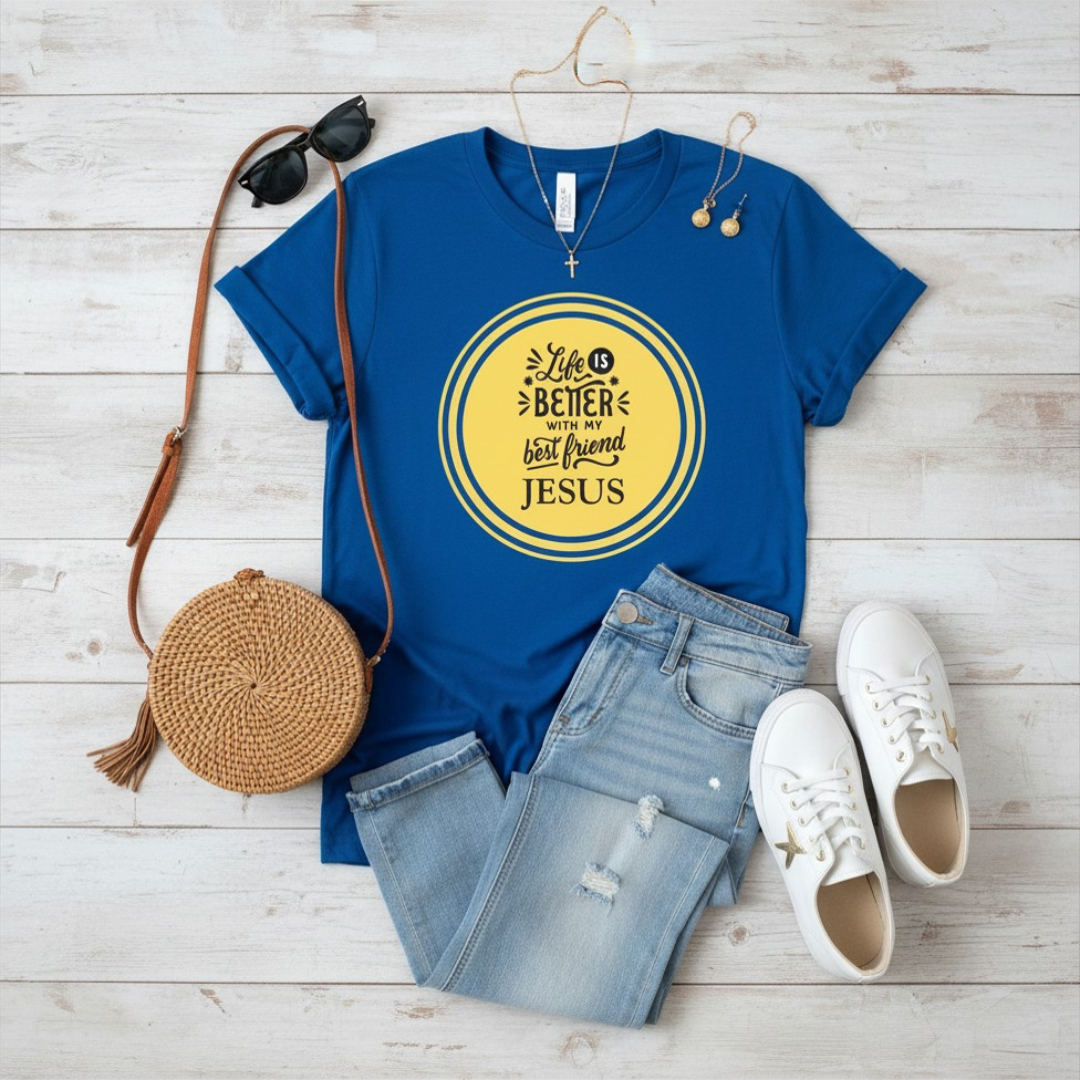 Christian T‑Shirt – “Life Is Better With My Best Friend Jesus” Yellow Circle Tee