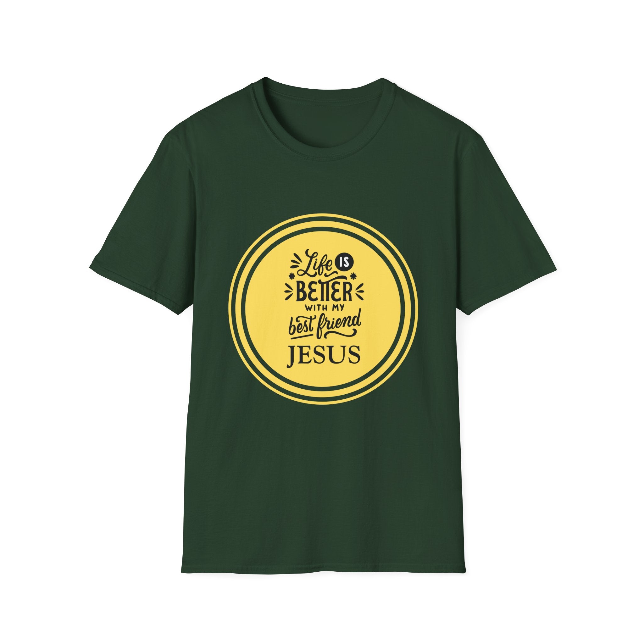 Christian T‑Shirt – “Life Is Better With My Best Friend Jesus” Yellow Circle Tee