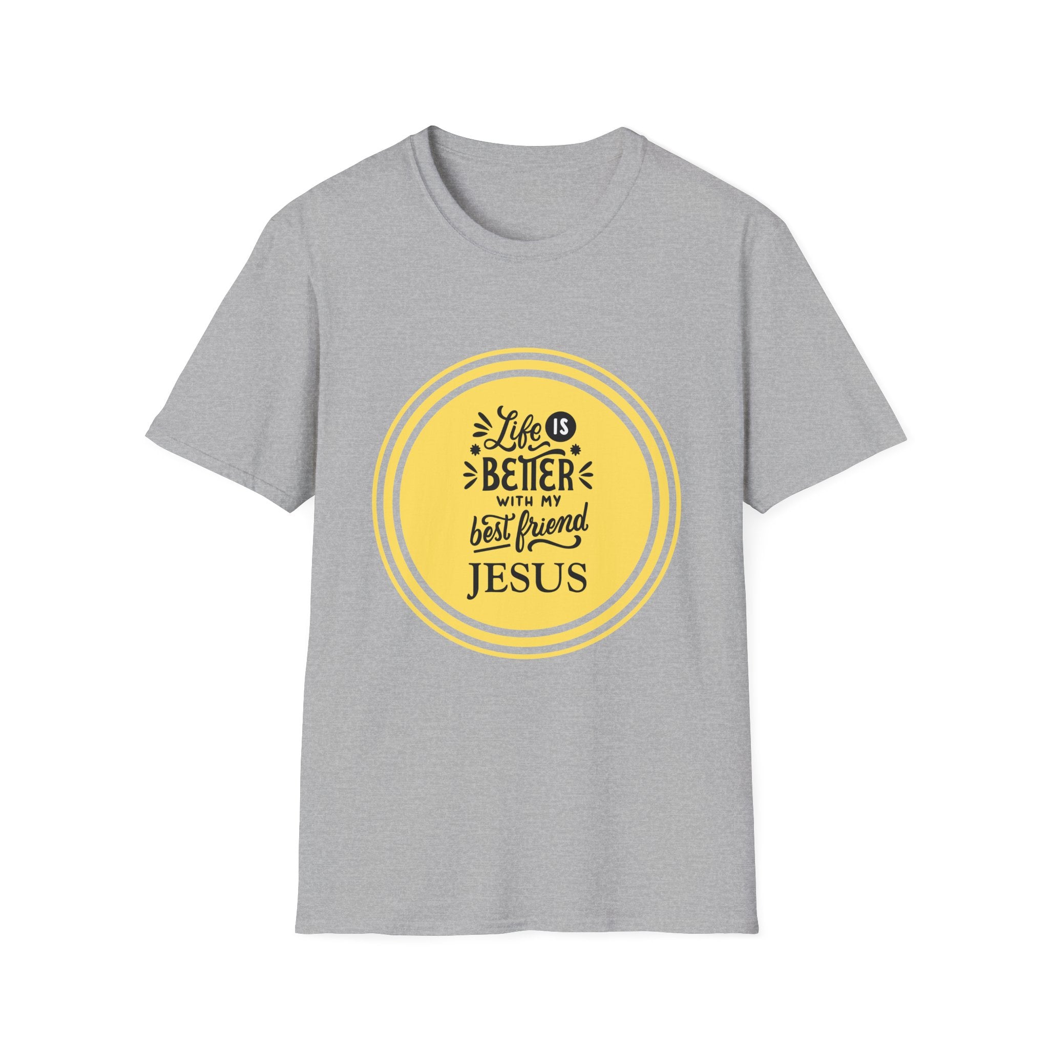 Christian T‑Shirt – “Life Is Better With My Best Friend Jesus” Yellow Circle Tee
