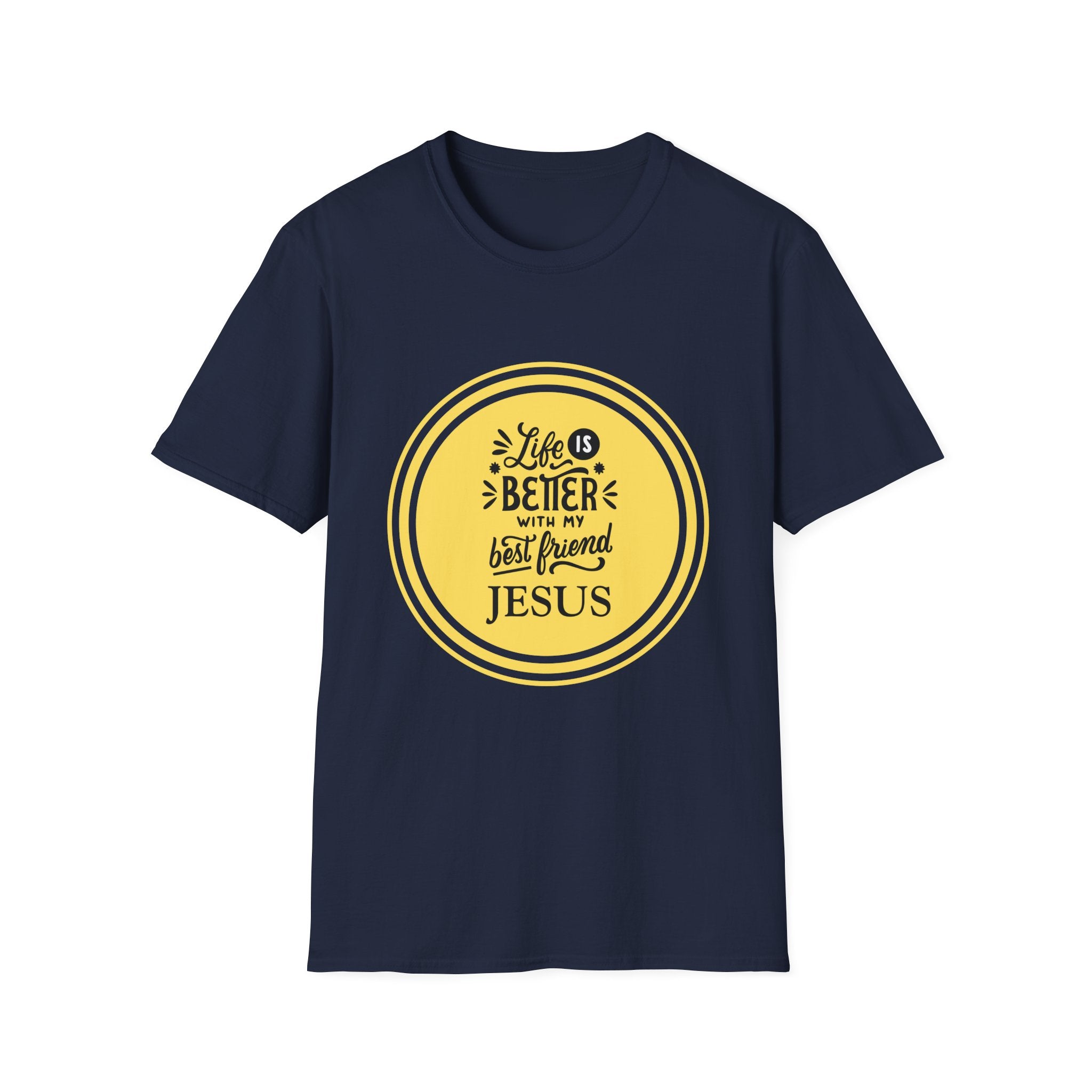 Christian T‑Shirt – “Life Is Better With My Best Friend Jesus” Yellow Circle Tee