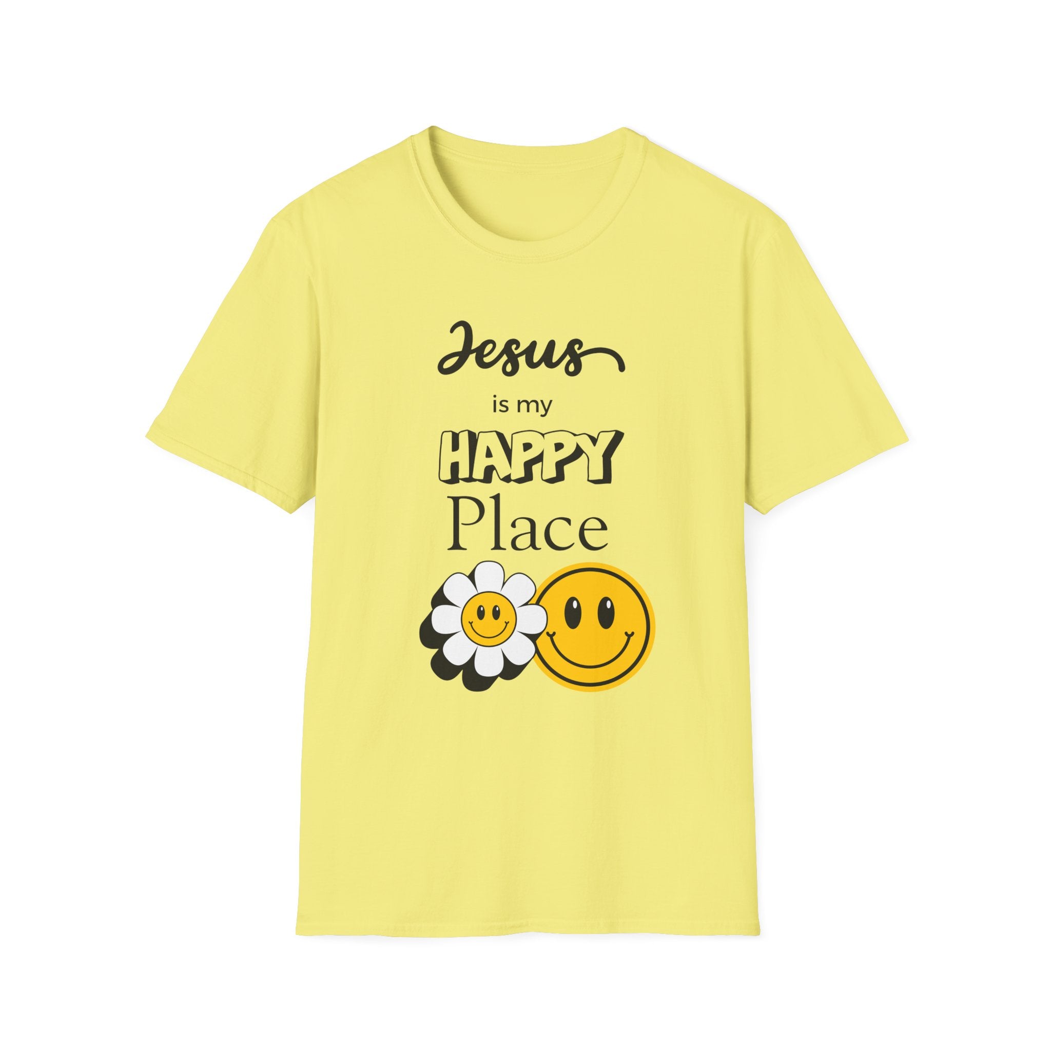 Jesus Is My Happy Place T-Shirt — Christian Faith Smiley Daisy