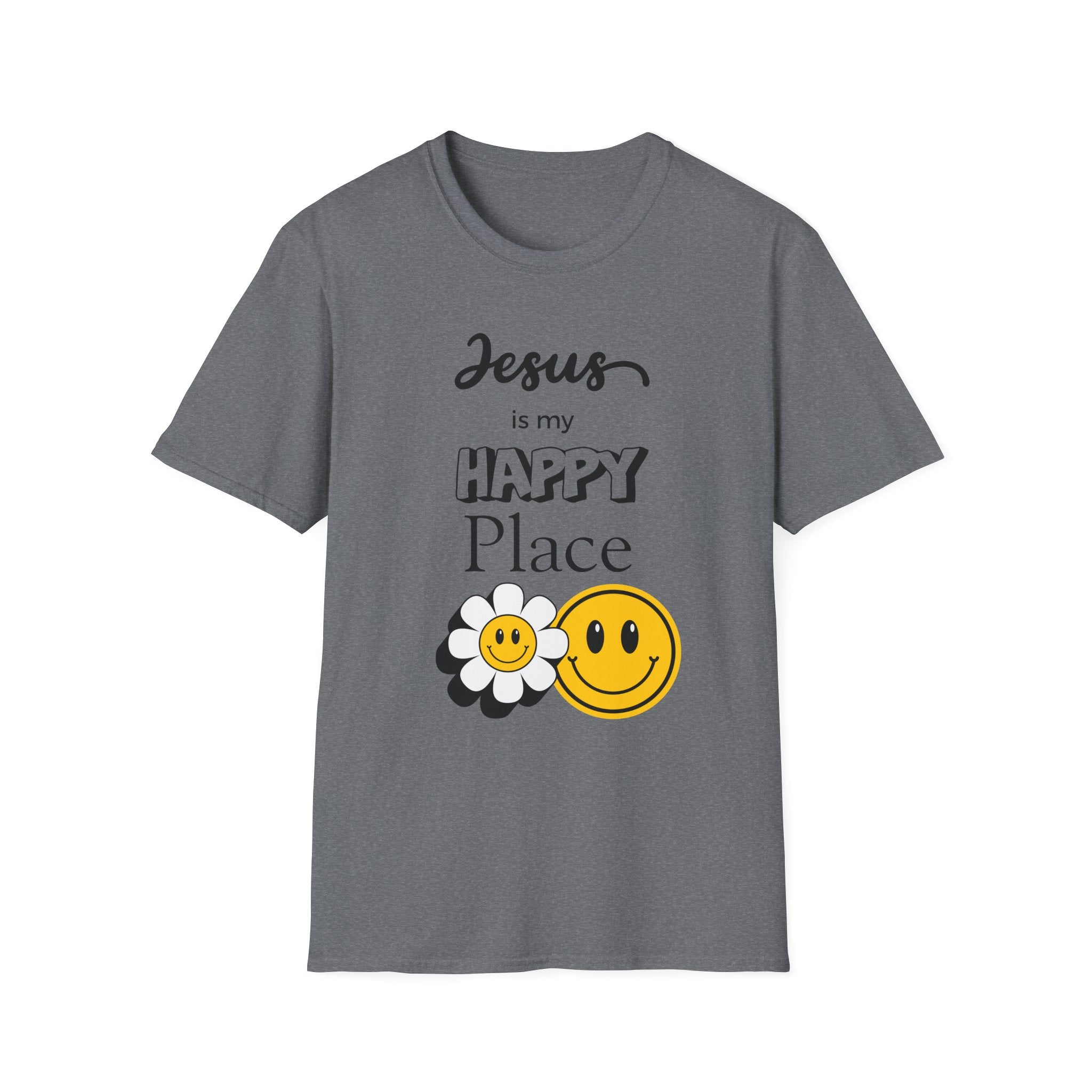 Jesus Is My Happy Place T-Shirt — Christian Faith Smiley Daisy