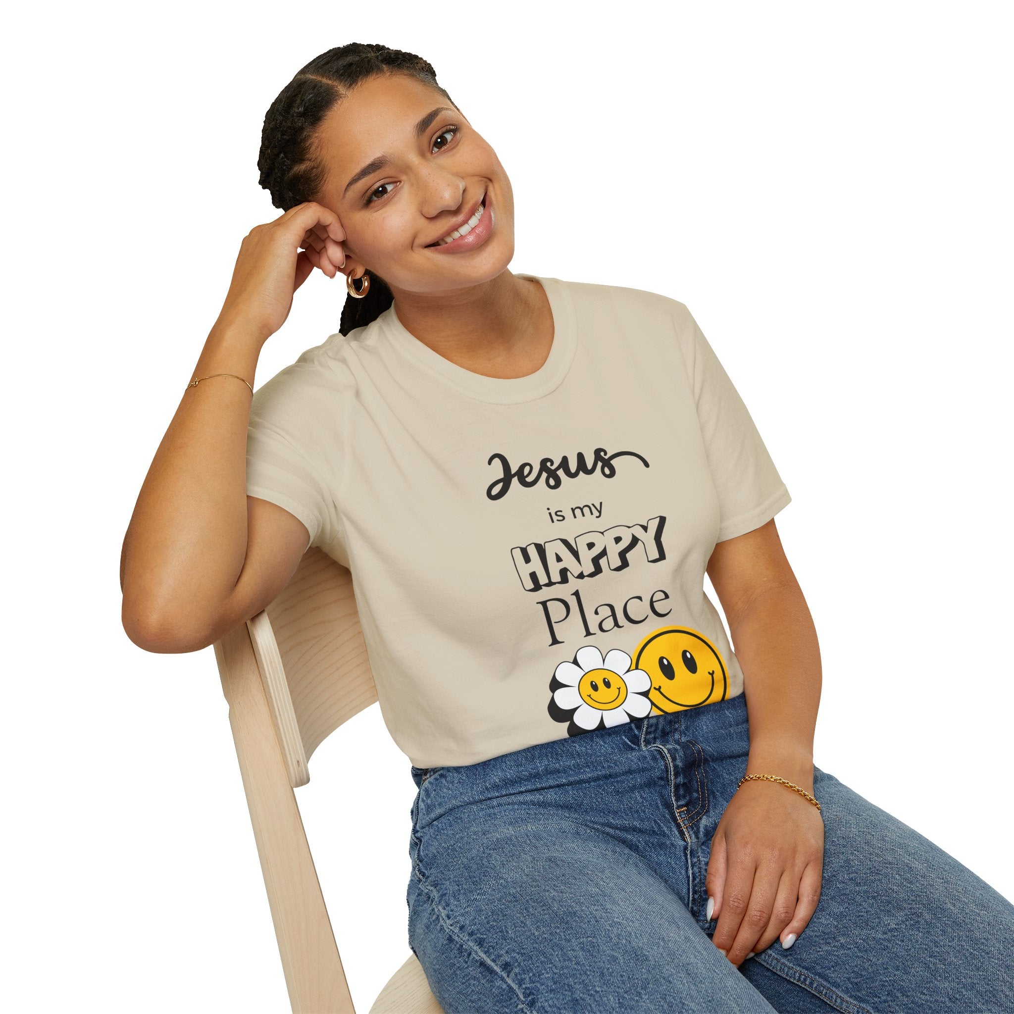 Jesus Is My Happy Place T-Shirt — Christian Faith Smiley Daisy