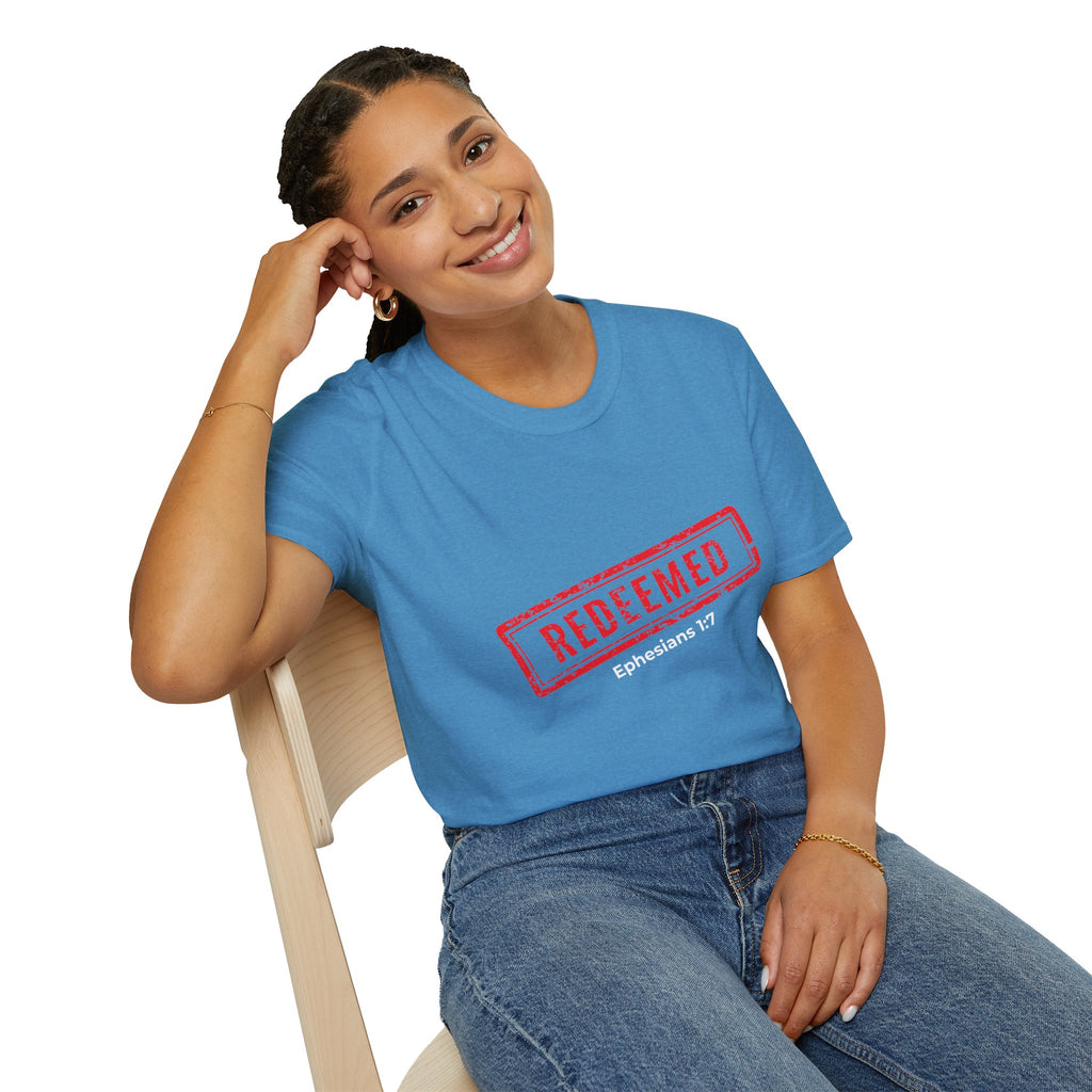 Redeemed stamp Ephesians 1:7 T-Shirt | Christian faith scripture tee
