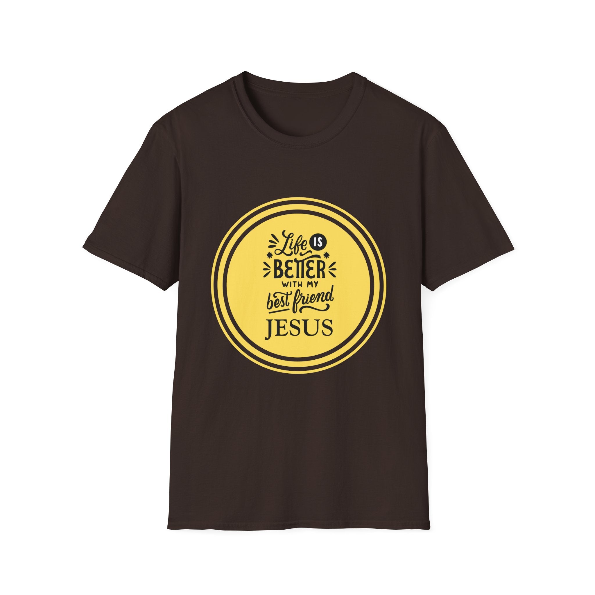 Christian T‑Shirt – “Life Is Better With My Best Friend Jesus” Yellow Circle Tee