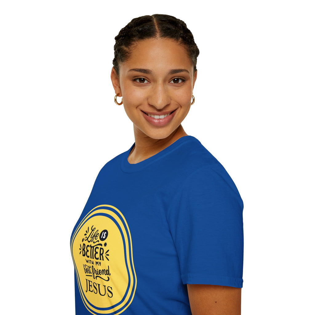 Christian T‑Shirt – “Life Is Better With My Best Friend Jesus” Yellow Circle Tee