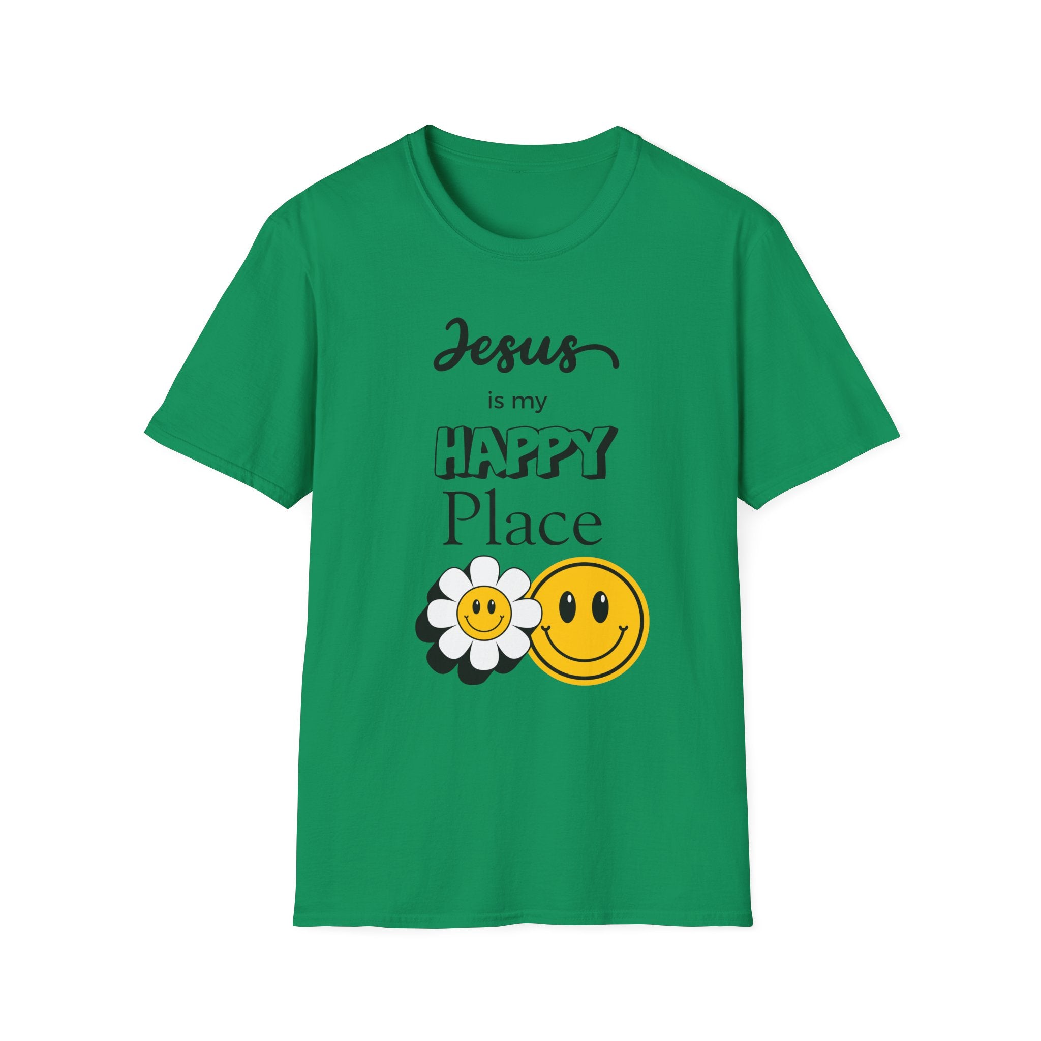 Jesus Is My Happy Place T-Shirt — Christian Faith Smiley Daisy