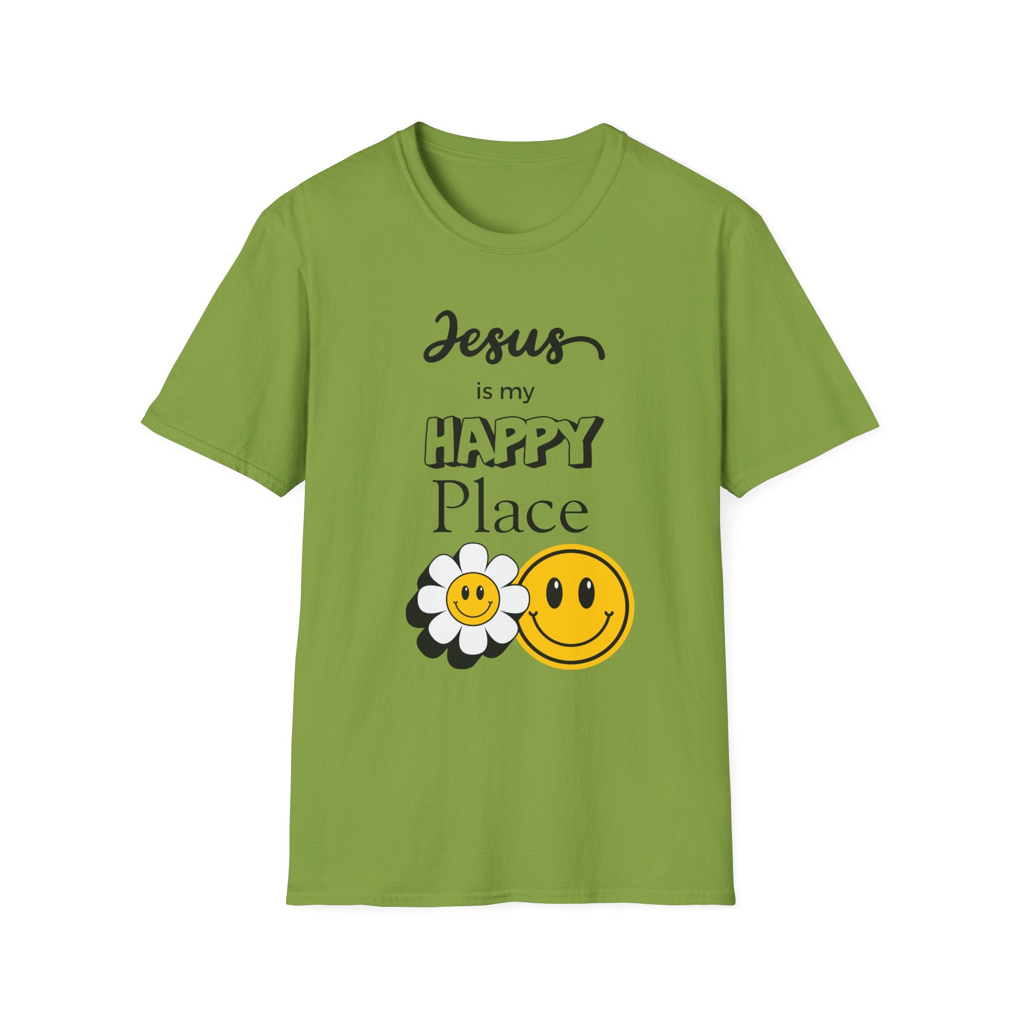 Jesus Is My Happy Place T-Shirt — Christian Faith Smiley Daisy